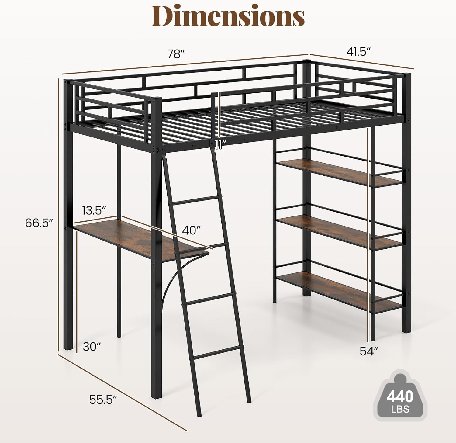 Giantex Twin Size Loft Bed with Desk & Shelves, Metal Bed Frame with Inclined Ladder & Full-Length Guardrails, High Loft Bed for Kids, Teens, Home, Dorm, Apartment, No Box Spring Needed