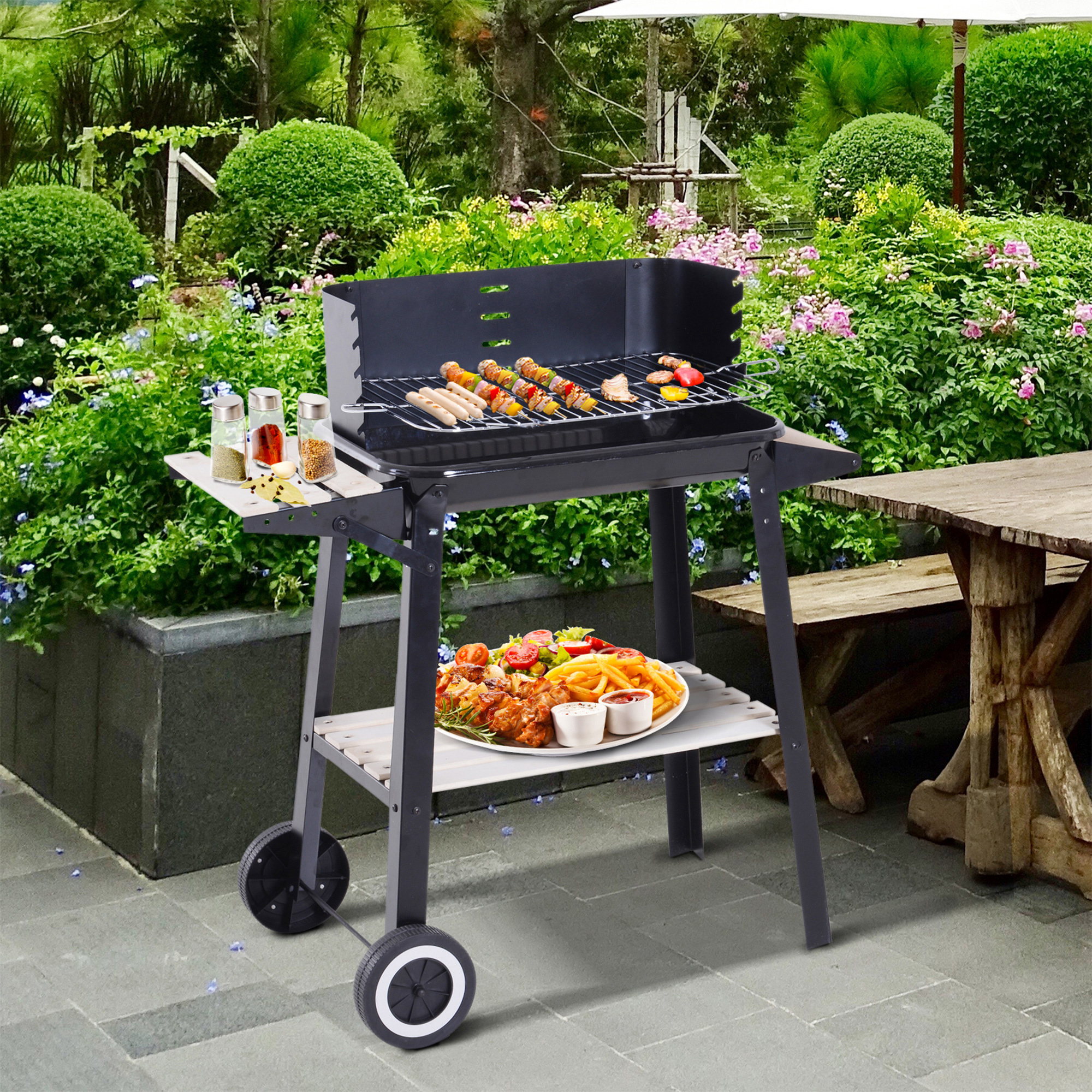 Outsunny Grillwagen Grillstation Standgrill mit Windschutz 2 x Ablagefach höhenverstellbar Grillrost Metall Schwarz 83 x 37 x 87 cm