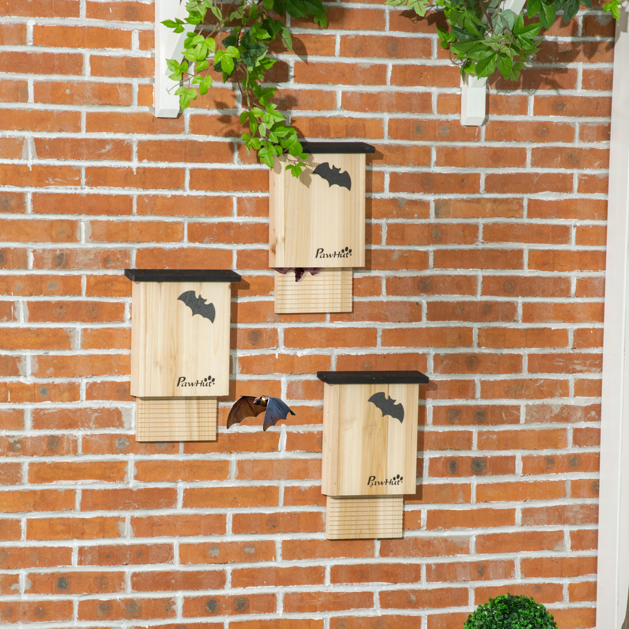 PawHut 3er-Set Fledermaushaus, wetterbeständig, bis zu 3 Fledermäuse pro Haus, behandeltes Tannenholz, Natur + Schwarz