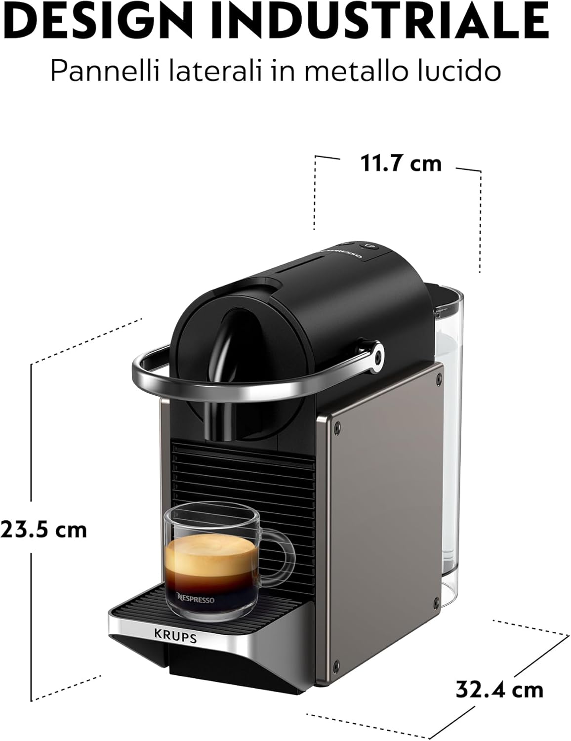 Krups XN306TK Nespresso Pixie Titan, Macchina per caffè Espresso, Ricette Programmabili, 2 Lunghezze, Spegnimento Automatico, 1260 W, 0.7 Litri