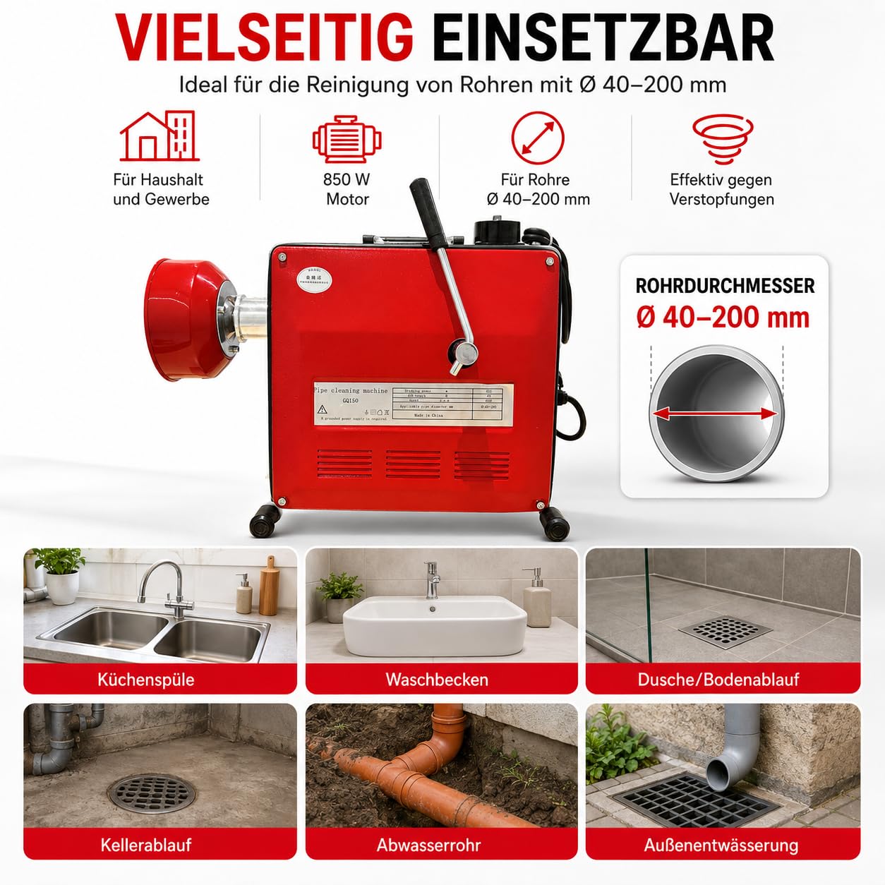 Rohrreinigungsmaschine 850W mit 400 U/min Ausgangsdrehzahl für Rohre Ø40–200 mm, inkl. 20 m Spirale, Biegespirale und 6 Reinigungsköpfen