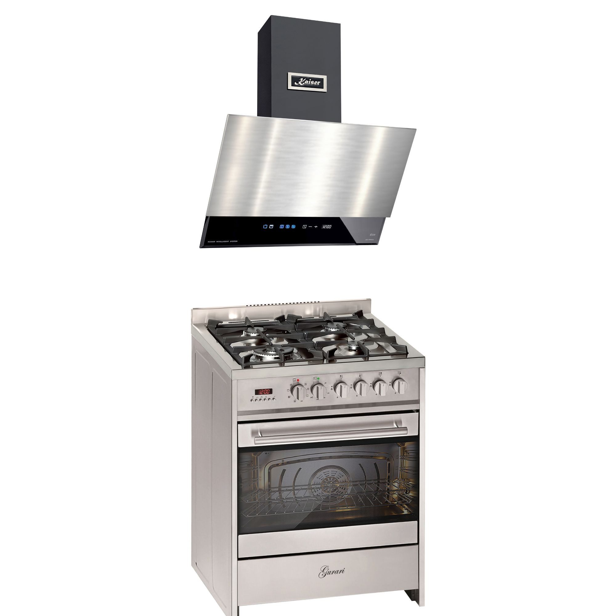 Gas-Standherd 60 cm Edelstahl Gasherd mit Elektrobackofen 60 L Range Coocker+DUNSTABZUGSHAUBE 60 cm, Edelstahl,Schwarz Glas, 1250 m³/h GCH E 610 X+AT 6410 FR ECO