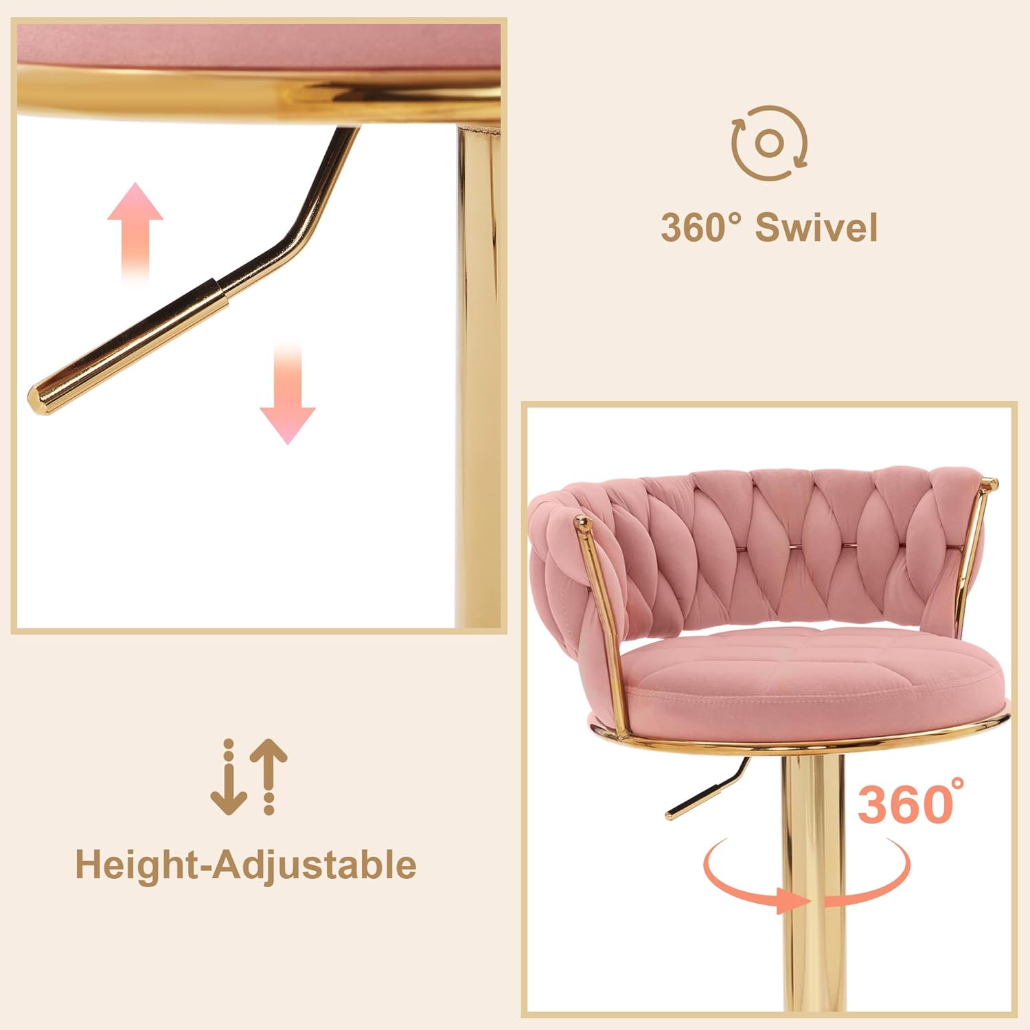 VECELO Bar Stools Set of 2, Adjustable Barstools Counter Height Stools with Back and Arm, Velvet Woven Kitchen Island Stools w/Gold Metal Leg Base, 360° Swivel Bar Chair, Pink