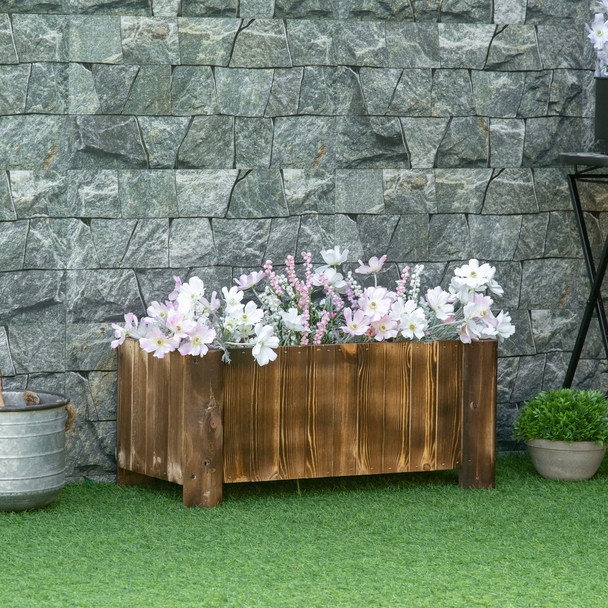 Outsunny Jardinière auf Ständer Blumenbecken 70L x 35B x 30H cm Halbrunde Beine Körper mit Holzoptik-Latten Fichtenholz verkohlt behandelt