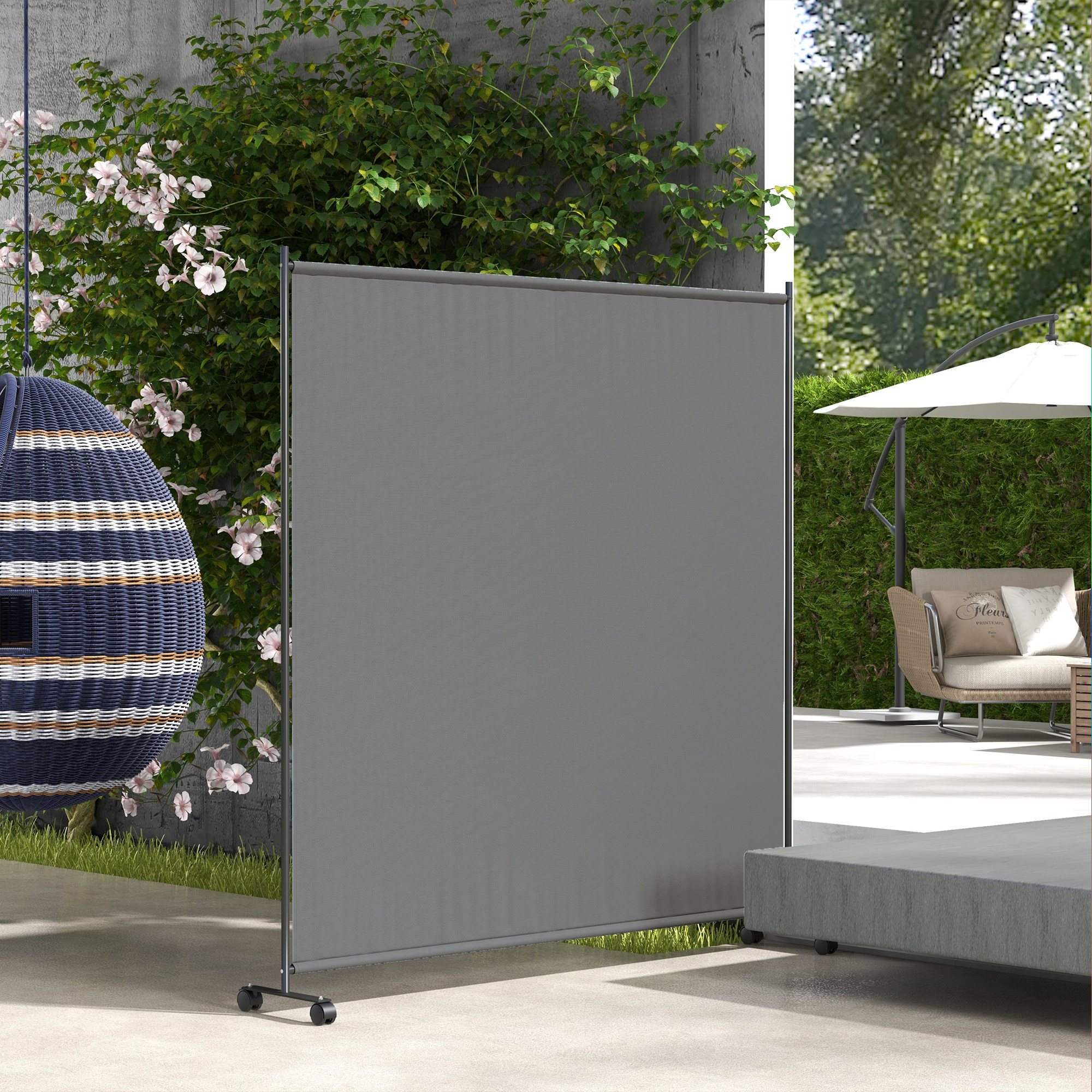 Outsunny Garten Windschutz Sichtschutz Paravent auf Rollen für Garten, Terrasse, Balkon - Maße 183L x 30B x 181H cm - Grau