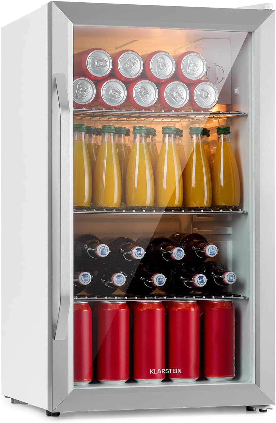 KLARSTEIN Mini Frigo Bar da Camera per Birra, Portatile, Piccolo da Ufficio, con Porta in Vetro, con Ripiani Rimovibili, 0-13°C, 60L