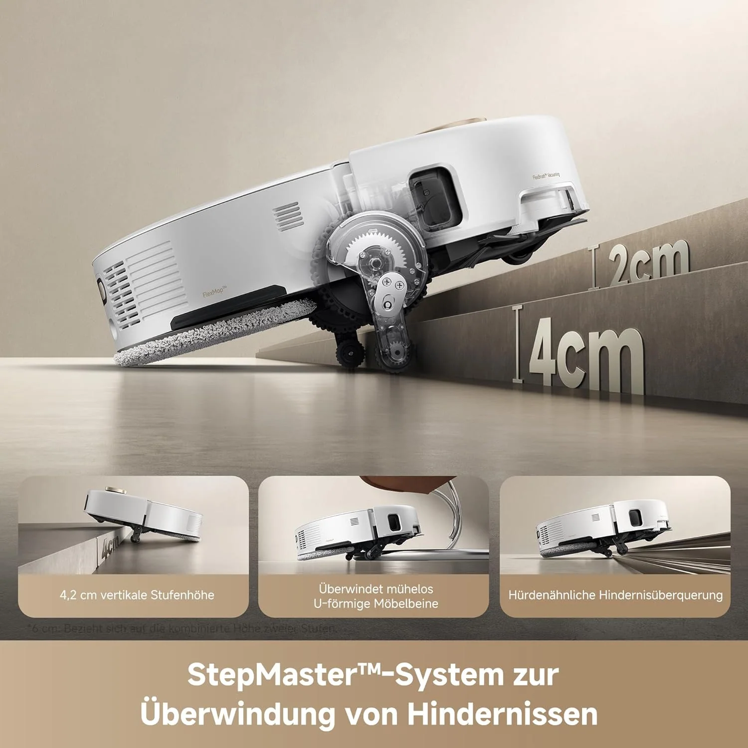 Mova V50 Ultra Complete Saugroboter mit Wischfunktion, Einer Saugkraft von 24.000 Pa, anhebbare Navigation mit 6 cm Hindernisüberwindung und Warmwasser-Wischen mit DuoSolution-System, weiß