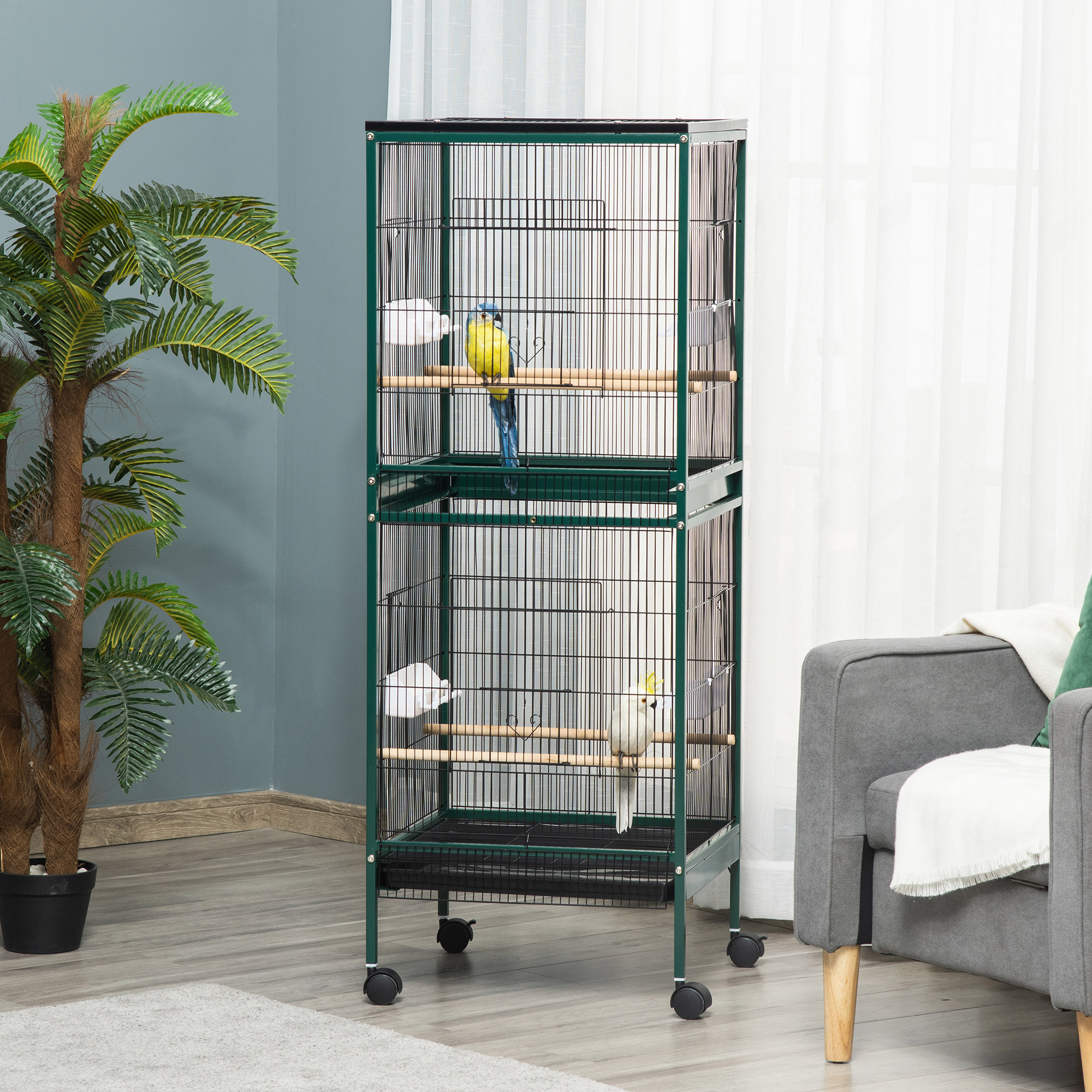 PawHut Großer Vogelkäfig auf Standfuß Doppel mit Futternäpfen Holzsitzstangen herausziehbares Tablett Rollen - Maße 51,5B x 50T x 140H cm