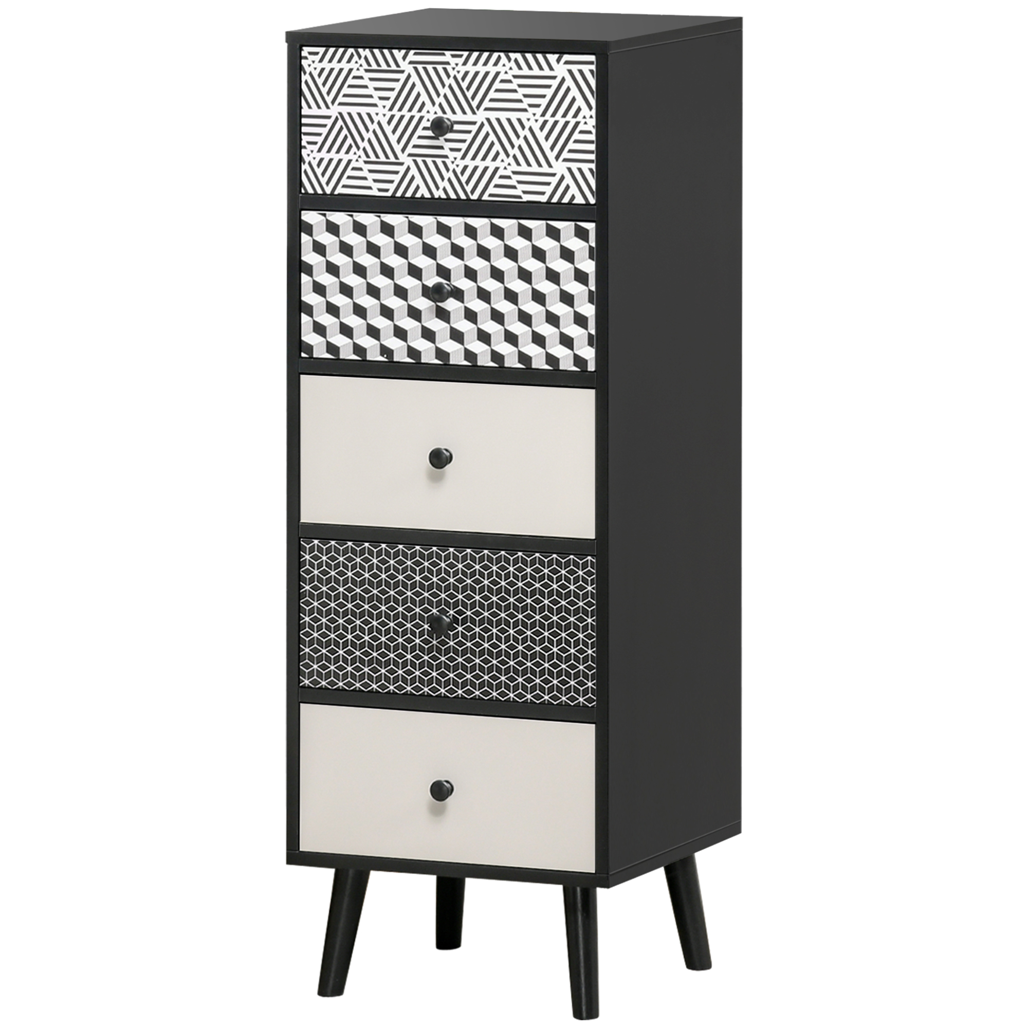 HOMCOM Mobile Schubladenkommode 5 Schubladen mit geometrischem Muster, modernes Möbel für Schlafzimmer und Eingangsbereich, 40x40x111,5 cm Schwarz Grau
