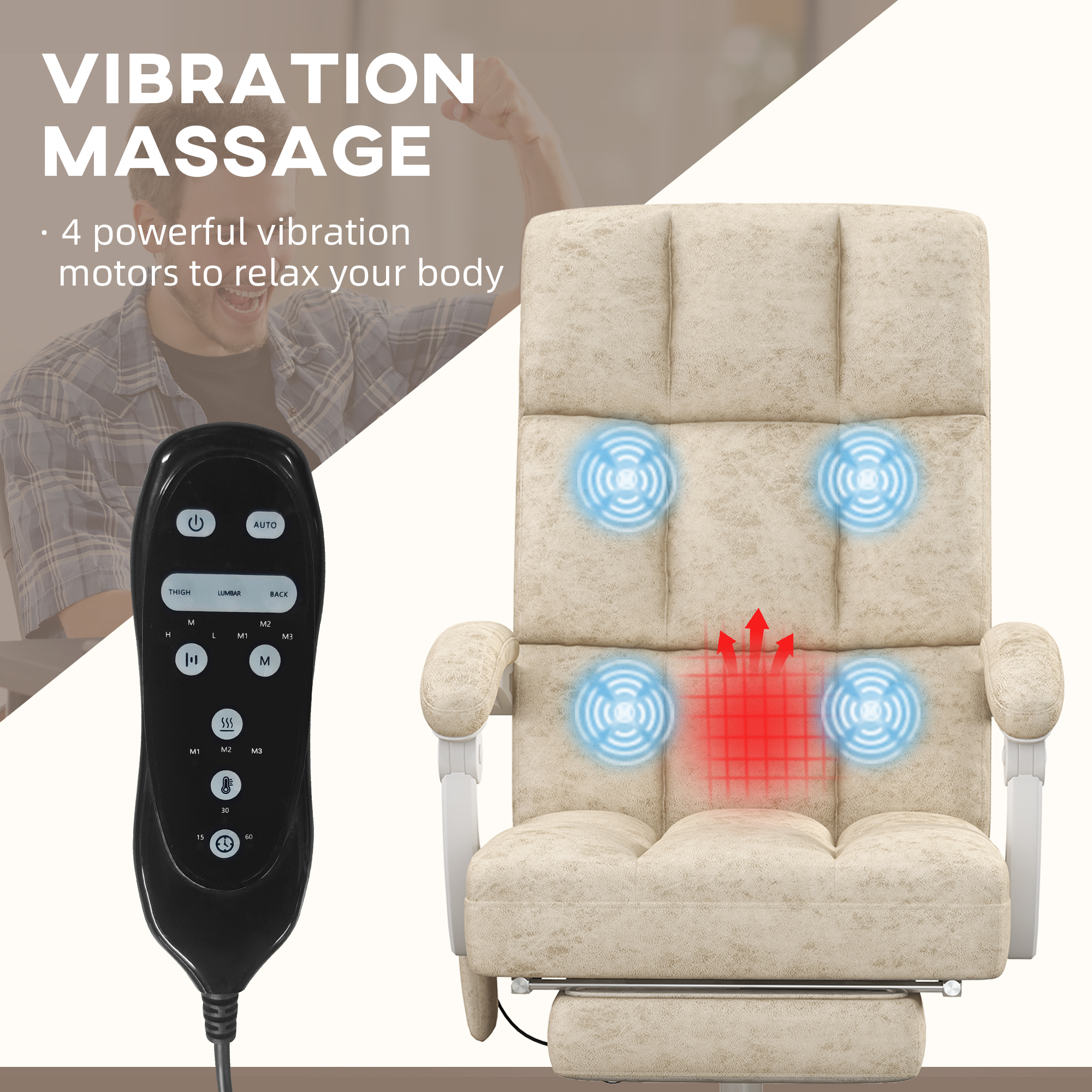 Vinsetto Bureaustoel met Massage- & Warmtefunctie, Voetsteun, Verstelbaar, tot 120kg, Beige