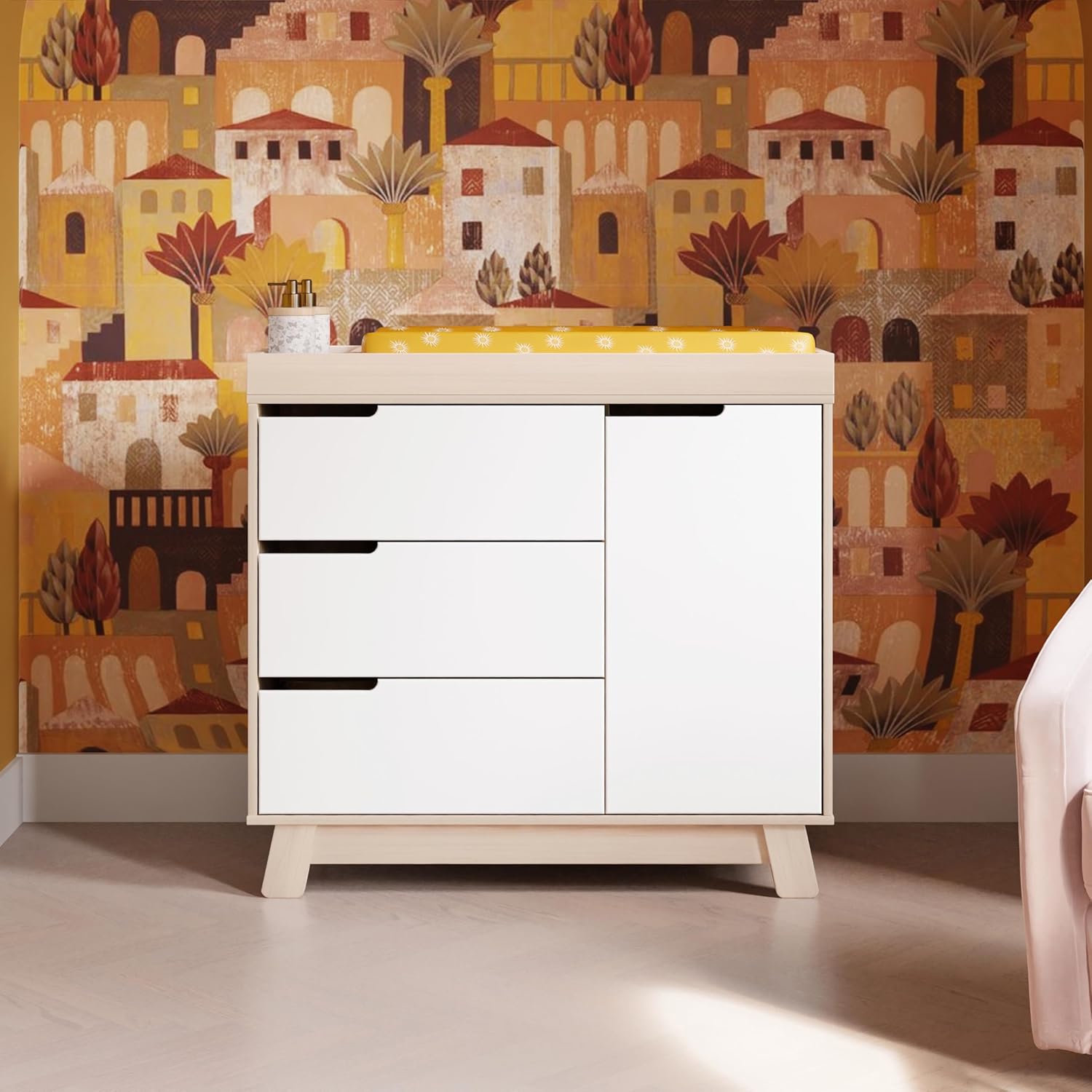 Babyletto Hudson 3-Drawer Dresser with Changing Tray, Natural/White