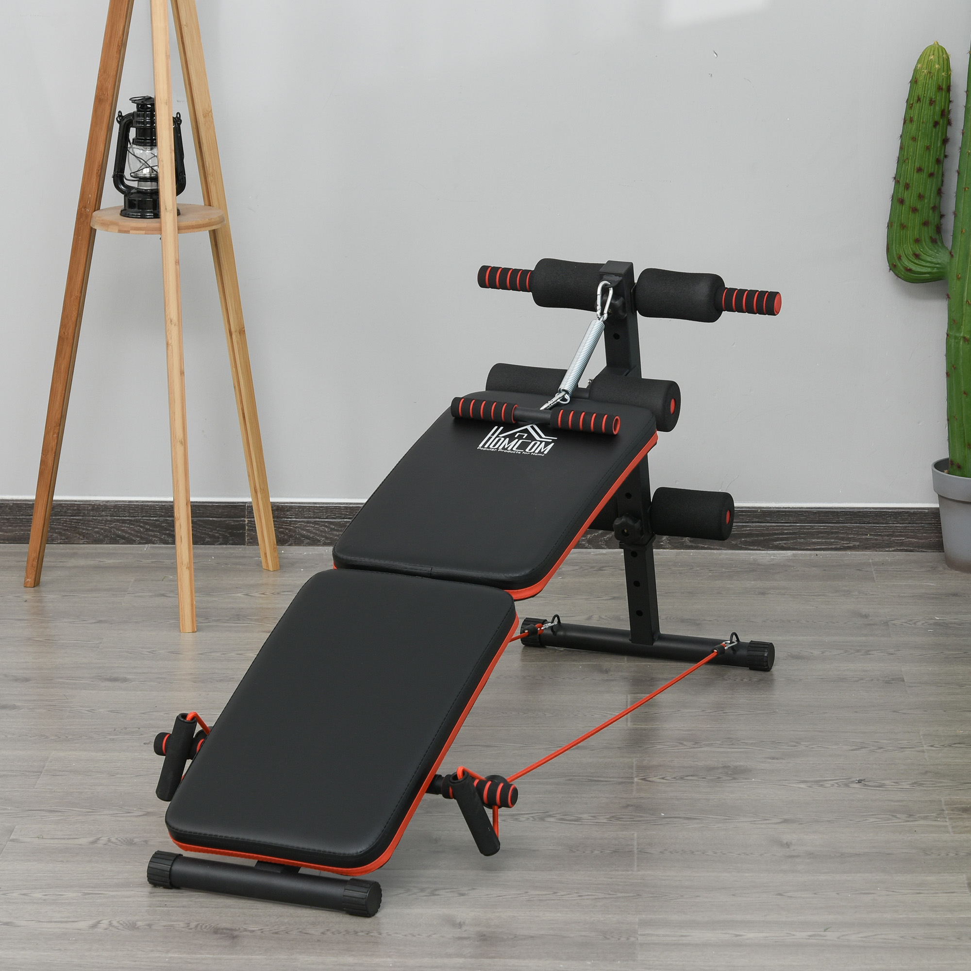 HOMCOM Sit Up Bank Bauchtrainer mit Trainingsseile Trainingsbank Multifunktion Verstellbar&klappbar 110 kg Belastbarkeit Stahl Schwarz+Rot 137 x 51 x 50-66 cm
