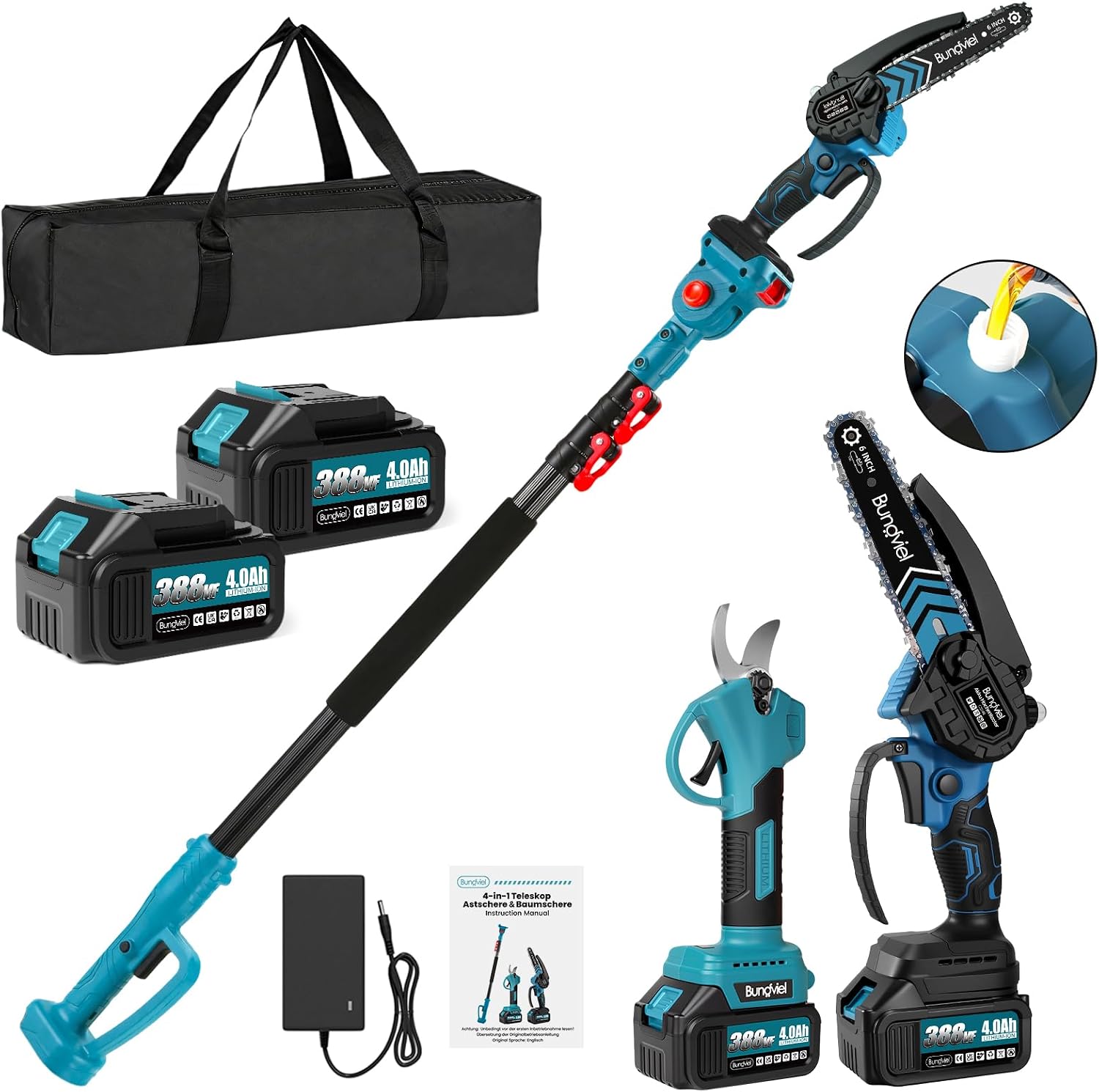 Potatore a batteria 4 in 1, compatibile con batteria Makita, mini motosega senza spazzole da 6 pollici e cesoie elettriche da 25 mm, 2 batterie da 4,0 Ah, asta telescopica fino a 235,5 cm