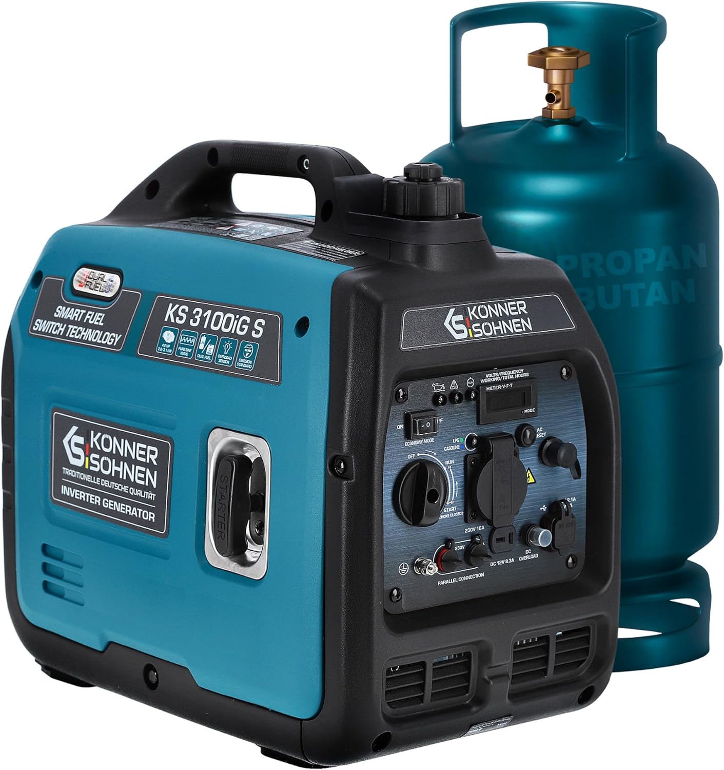 Könner&Söhnen Generatore di Corrente Inverter Portatile KS 3100iG S DUAL FUEL Generatore di emergenza 3100 W, presa Schuko 230 V, 2 porte USB, display LED, modalità Eco, generatore Euro V