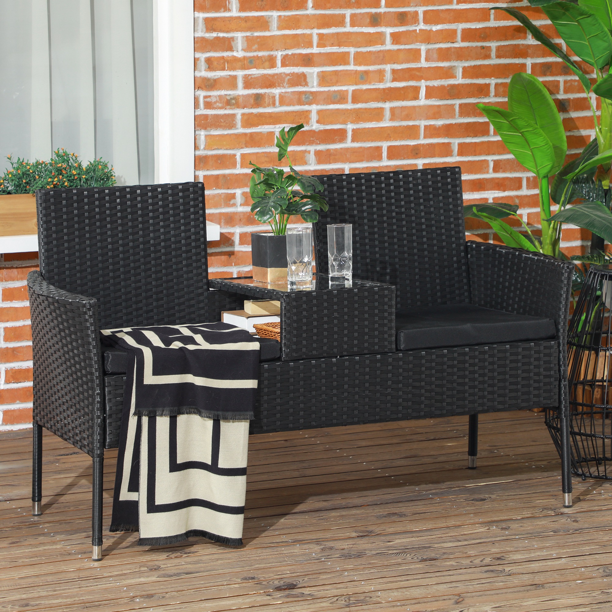 Outsunny Gartensofa 2-Sitzer mit Kaffeetisch, aus Stahl und Rattan PE, 137x59x82 cm, Schwarz
