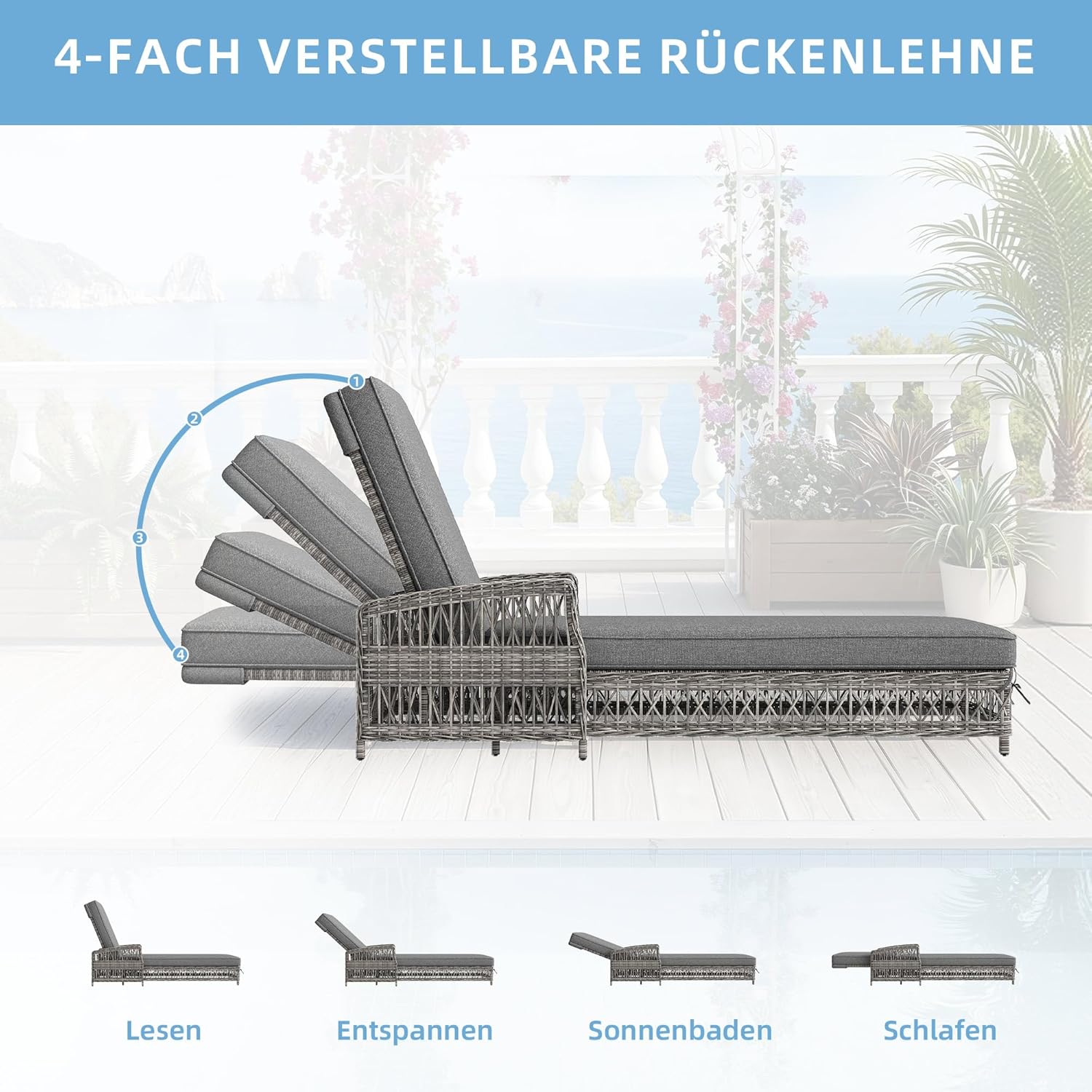 Lcoho Outdoor-Liege aus Rattan(1 Set), wetterfeste Sonnenliege mit Verstellbarer Rückenlehne, Gartenliege mit abnehmbarem Kissen, für Terrasse, Balkon, Poolbereich, grau