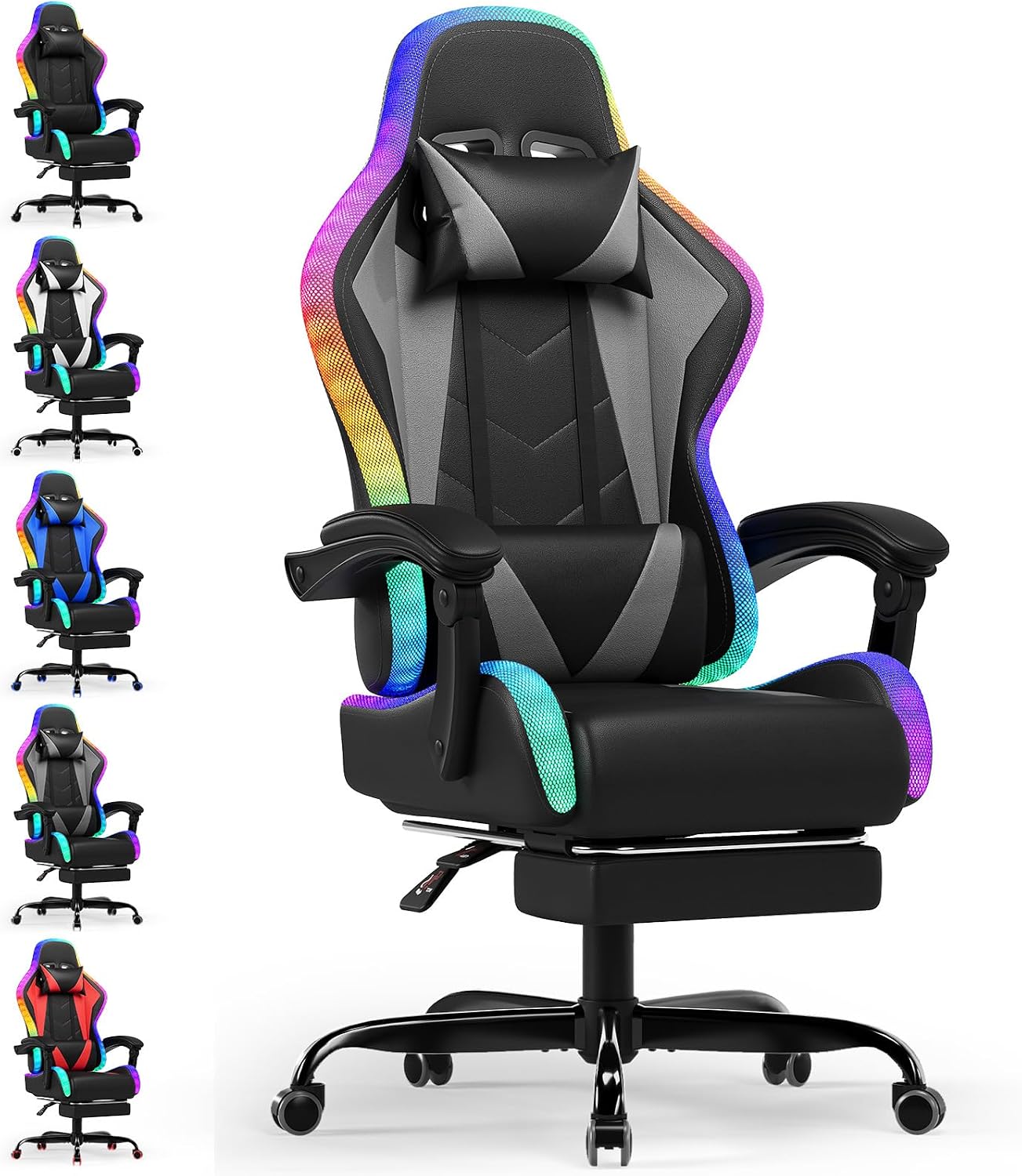 Devoko Sedia da Gaming con Massaggiante Schienale Regolabile 90-135°, Sedia Gaming con LED e Poggiapiedi Telescopico,Poltrona Gaming Ergonomica Portata 150 kg (Gray)