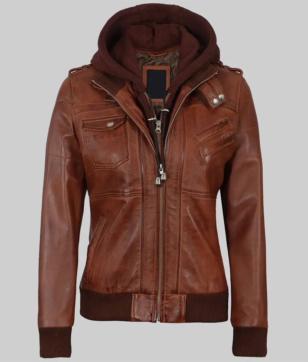 Sabrina Vintage Brown Hooded Bomber Leather Jacket