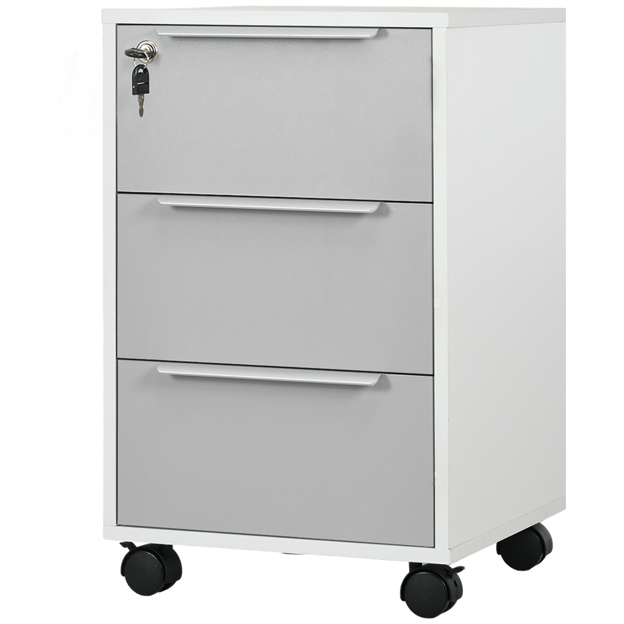 HOMCOM Bürowagen mit Rollen, 3 Schubladen und Schloss für Akten 40 x 40 x 63,5 cm Weiß und Grau