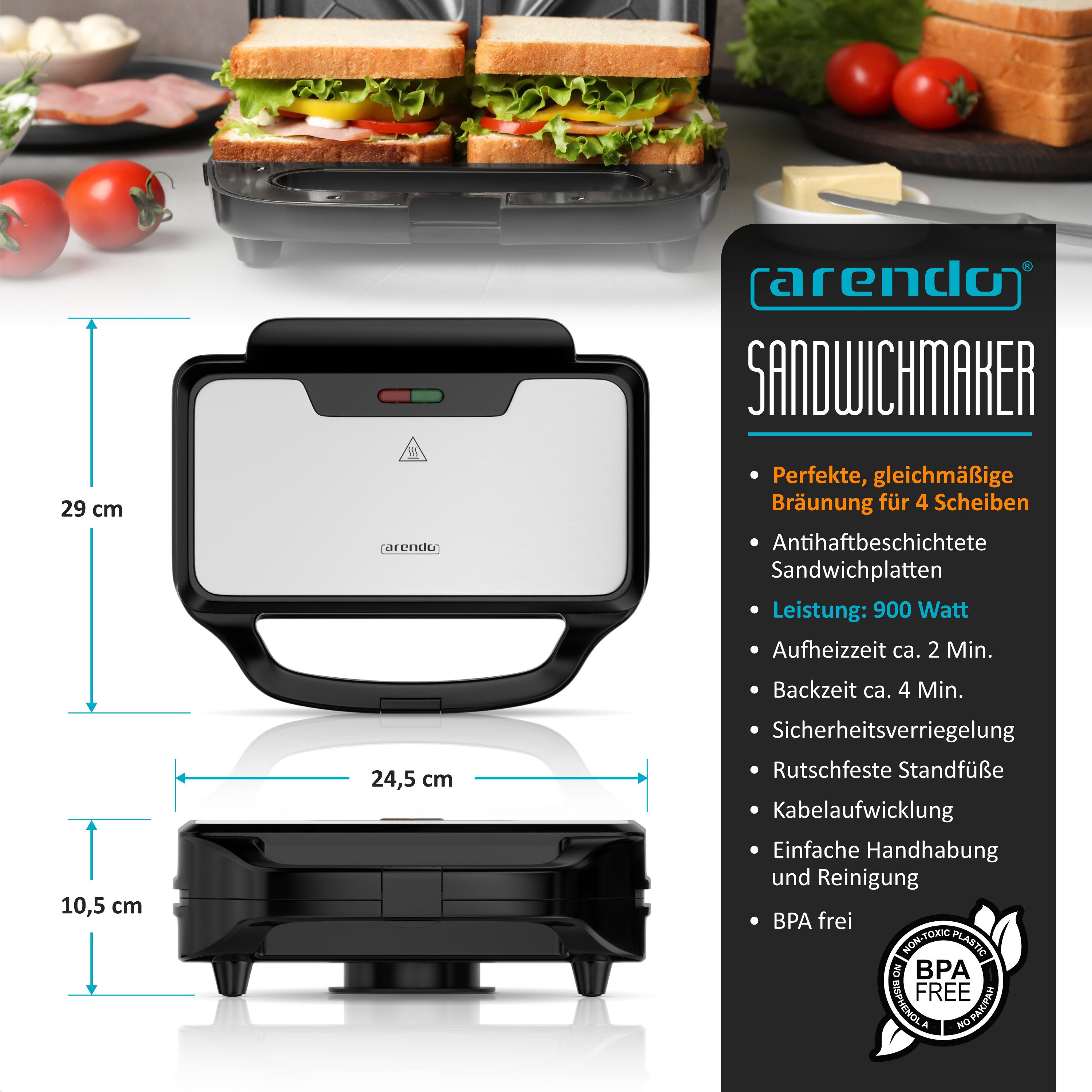 3-in-1-Sandwichmaker Sandwichtoaster, 900 W, Antihaftbeschichtet, Schnellaufheizung