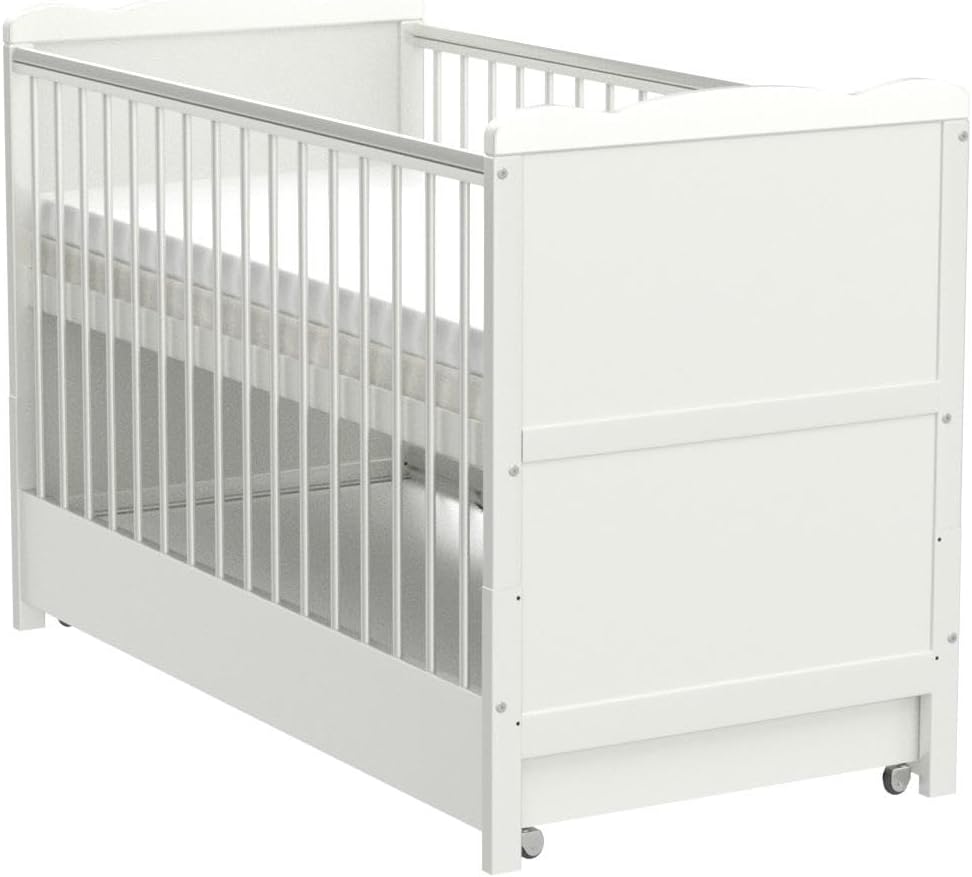 Marsell Baby Gitterbett mit Schublade mit Deckel Babybett Kinderbett mit Aloe Vera Schaumstoffmatratze Zahnschienen höhenverstellbar Weiß umbaubar zum Juniorbett