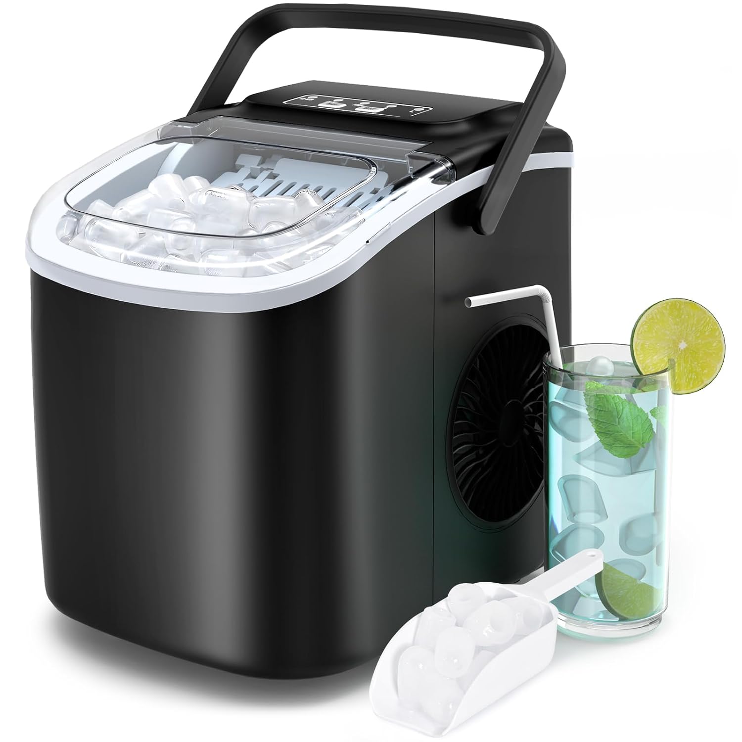PALINTH Home Ice Maker, 2 Sizes Professional Bullet Ice Machine, Self-Cleaning with Portable Handle, 9 Ice Cubes in 6 Minutes