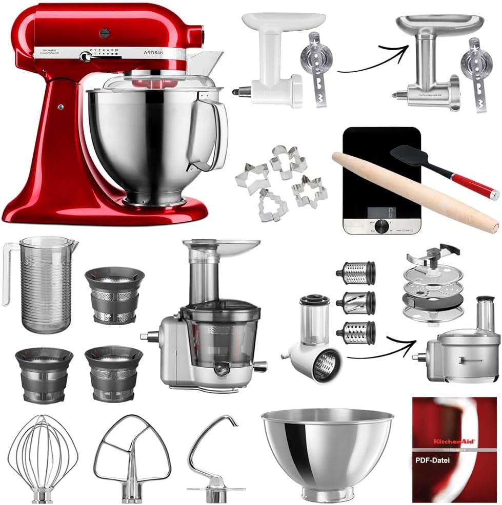KitchenAid Artisan Küchenmaschine, 4,8 Liter, inkl. Zubehör, Fleischwolf, Gemüseschneider, Entsafter-Vorsatz, Backset inkl. Waage Liebesapfelrot Mega-Winter-Set
