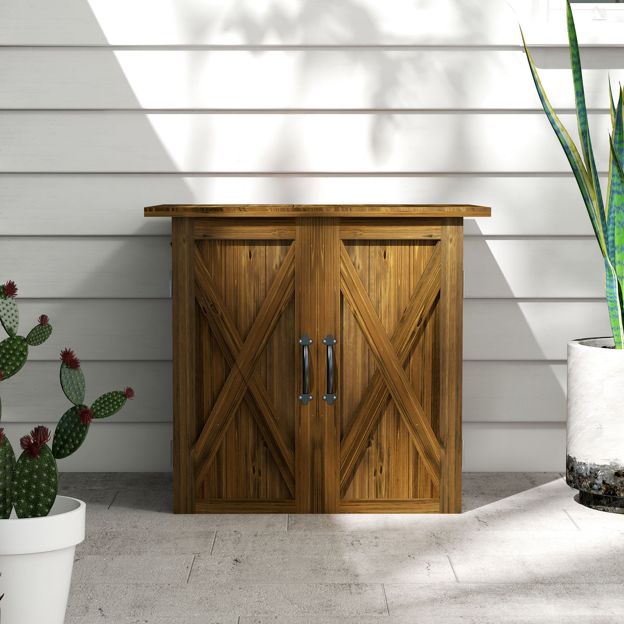 Tuinhuisje met dubbele deuren, magneetsluitingen, weerbestendig, natuurlijk hout, 77B x 55D x 72H cm, bruin