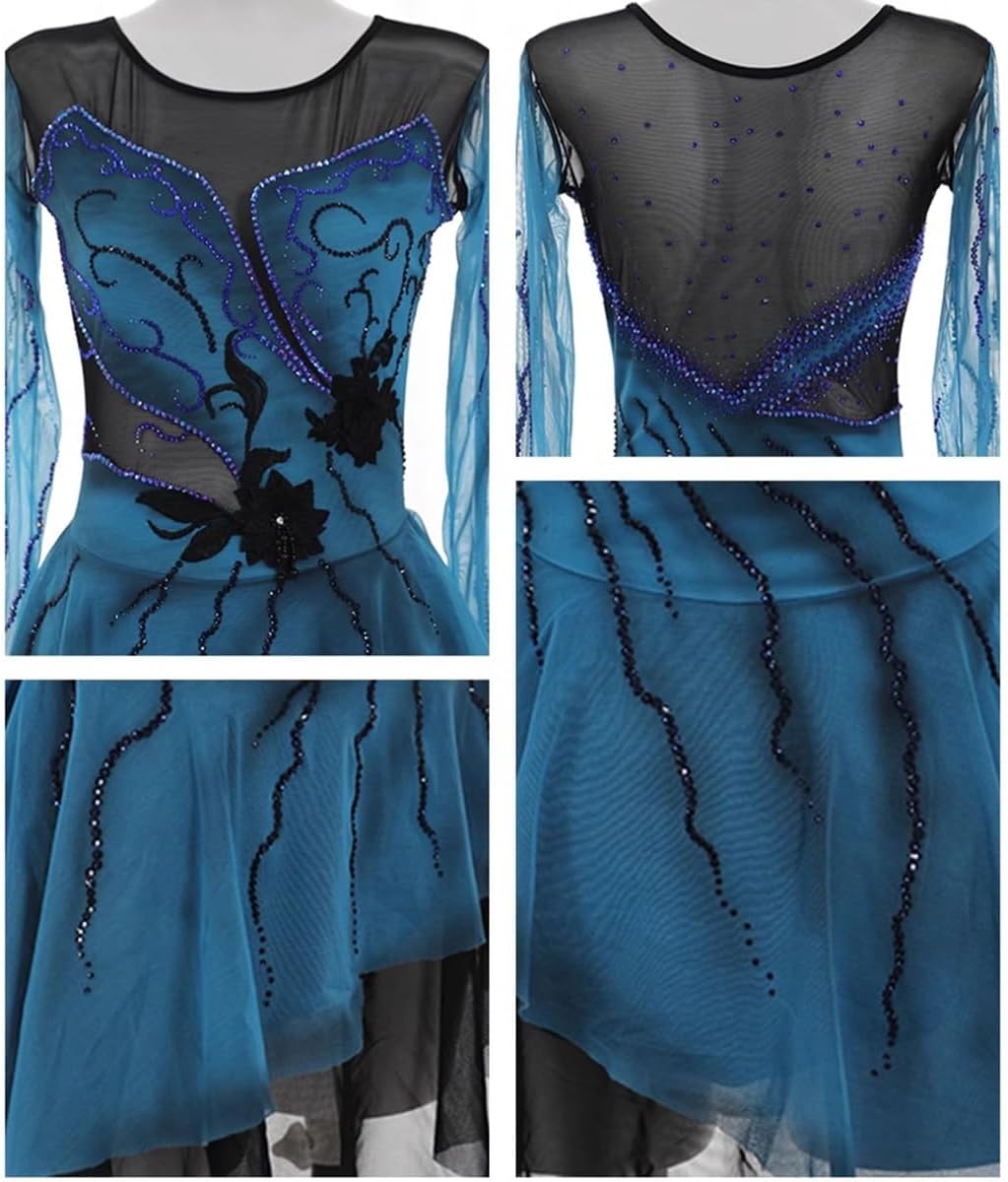 Eiskunstlauf Kleid Damen Strass Leotards Eislauf Wettbewerb Kleider Ballerina Outfits Langarm Kürkleid mit Strass Rollkunstlauf Wettbewerb Tanzanzug Langarm Rollschuhkleid