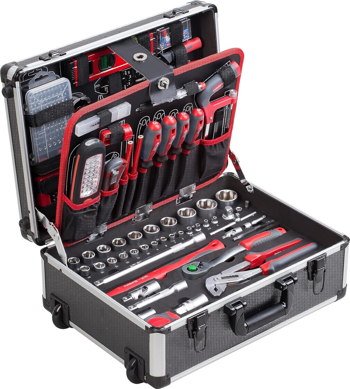 Meister 8973740 - Trolley portautensili, 230 pezzi, con ruote, manico telescopico/cassetta degli attrezzi riempita con ruote e cassetta degli attrezzi