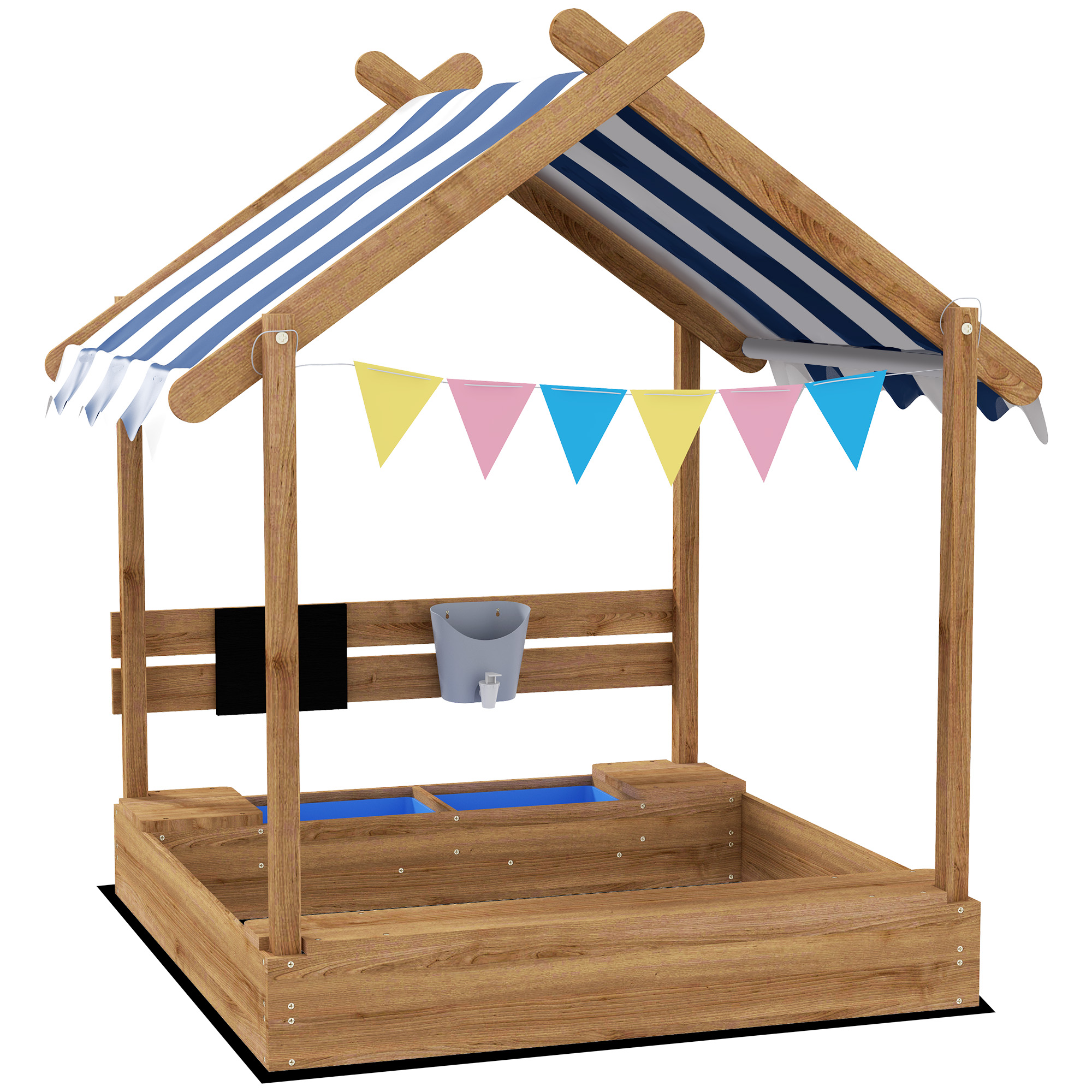 Outsunny Sandkasten mit Sonnenschutz, Spielhaus-Design, mit Spielzeug-Set, behandeltes Massivholz, 124 x 116 x 146 cm, Braun