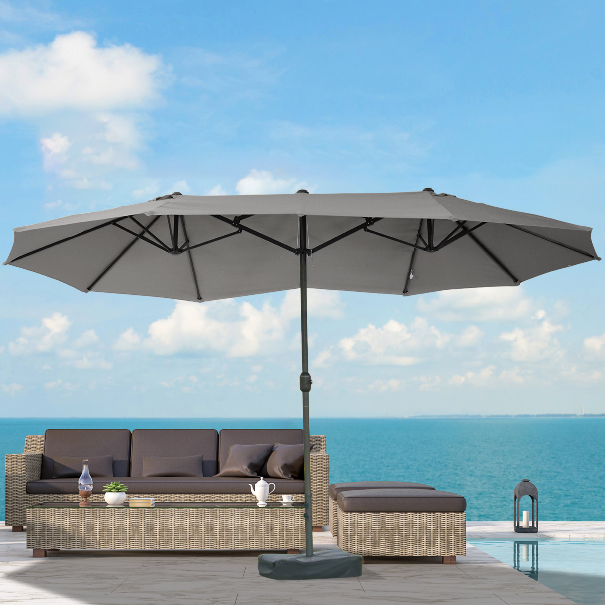 Outsunny Sonnenschirm Gartenschirm Marktschirm Doppelsonnenschirm Terrassenschirm mit Schirmständer Handkurbel Dunkelgrau Oval 460 x 270 x 240 cm