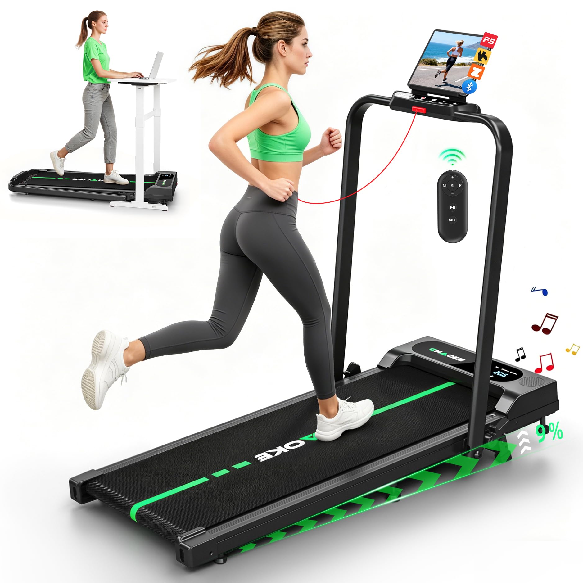 Klappbares Laufband für Zuhause bis 12 km/h mit 2,75 PS Motor und 9 % Steigung, leises Walking Pad mit App und Lautsprechern, bis 160 kg