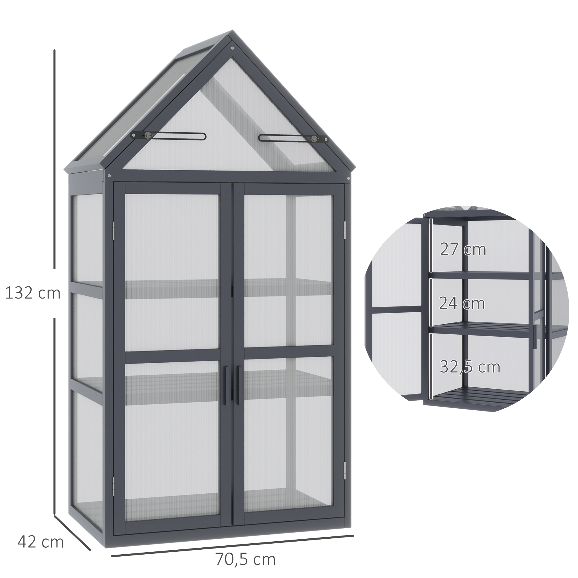 Outsunny kas met 3 planken, massief hout, behuizing van polycarbonaat, grijs, 70,5 x 42 x 132 cm
