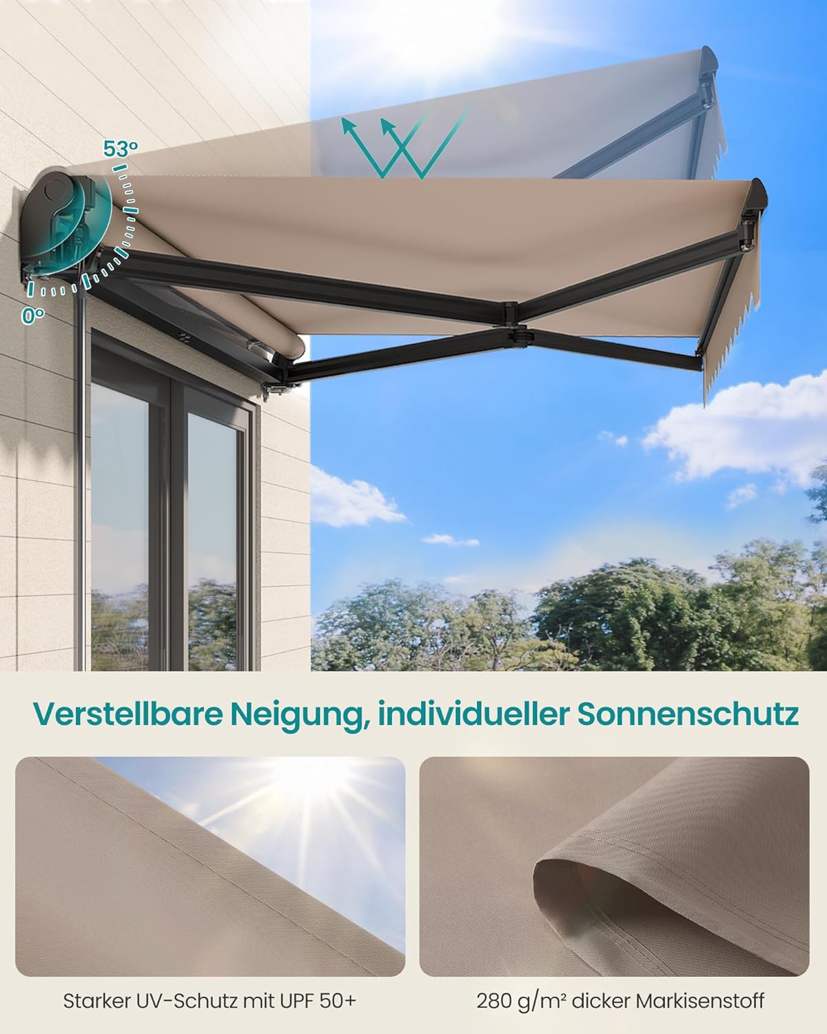 SONGMICS Gelenkarmmarkise, Markise mit Handkurbel, Balkon Sonnenschutz, UPF 50+, Aluminiumlegierung, verstellbar, 300 x 250 cm, gelbbraun GSA306KZ01