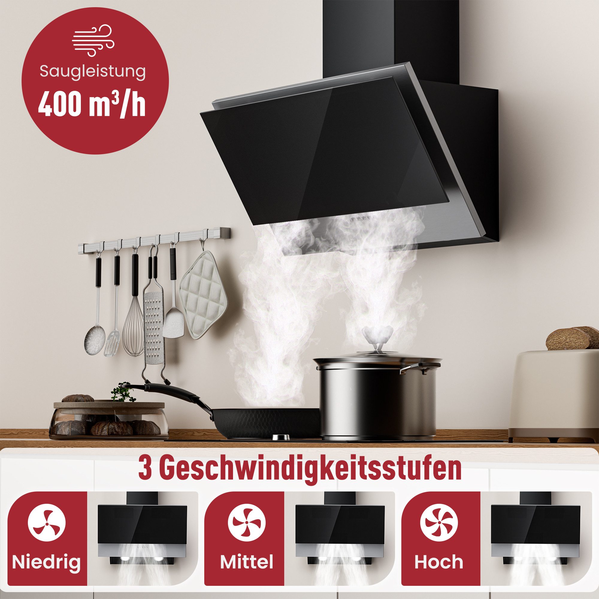 Kopffreihaube A+++ 400 m³/h Dunstabzugshaube 60cm Umluft & Abluft