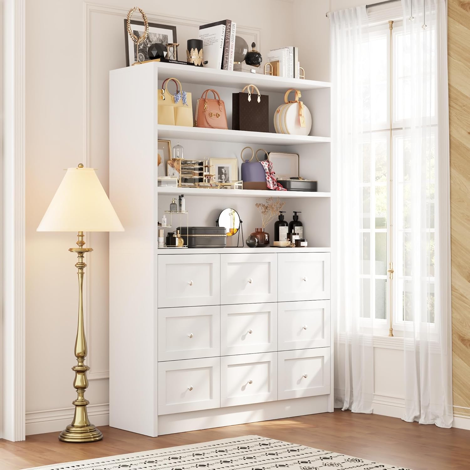 Libreria Armadietto a 9 cassetti, 3 scomparti aperti, maniglie in metallo, multifunzione, 180 x 120 x 39 cm, bianco, MDF