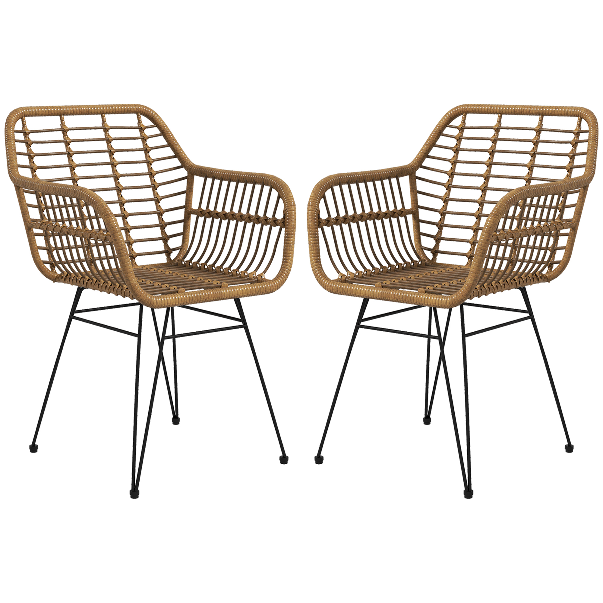 HOMCOM 2-er-Set Stühle im Boho-Stil, Küchenstühle, PE-Rattan, 56 x 60 x 79 cm, Natur + Schwarz