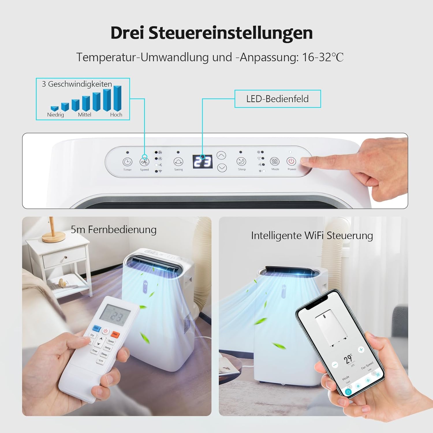 GOPLUS 14000 BTU Klimaanlage mit Abluftschlauch, 5 in 1 mobiles Klimagerät: Kühlen, Heizen, Entfeuchten, Belüften, Schlafmodus | für Raumgröße bis 30㎡ | 24H-Timer | App/Fernbedienung (14000BTU)