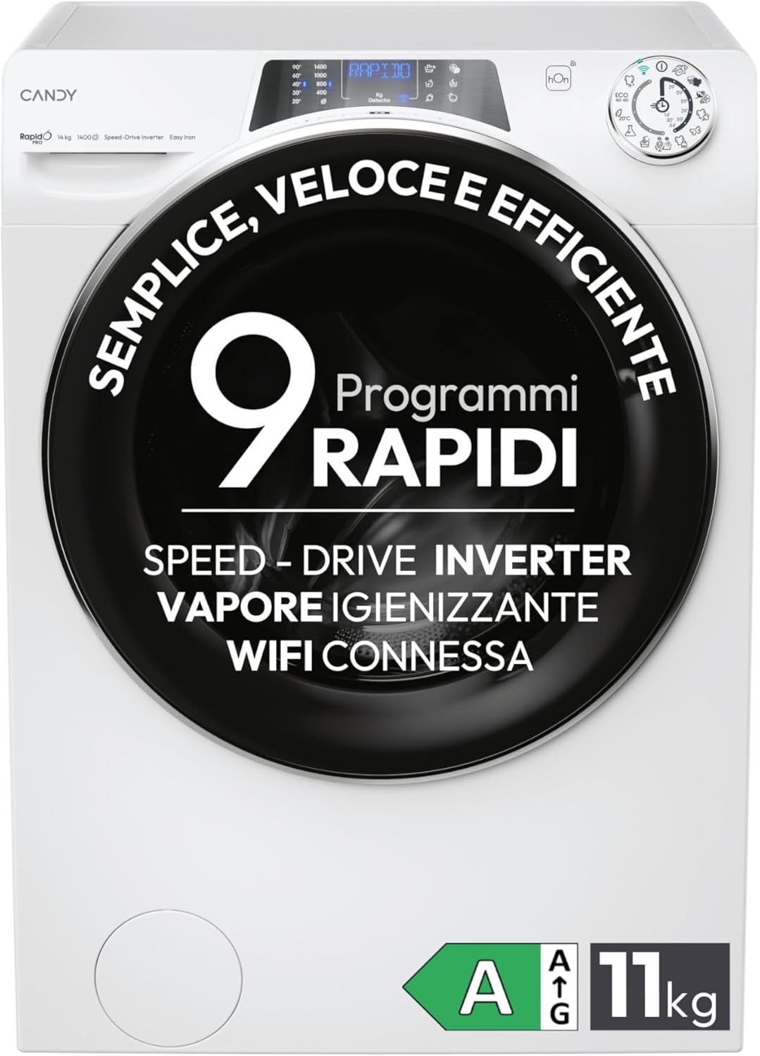 Candy Rapidó Lavatrice 9 Kg, Libera Installazione, Carica Frontale, Classe A, 1400 Giri, 9 Programmi Rapidi, Funzione Vapore, Wi-Fi + BLE e App hOn, 60 x 53 x 85 cm, Bianca - RO 1494DWMT/1-S