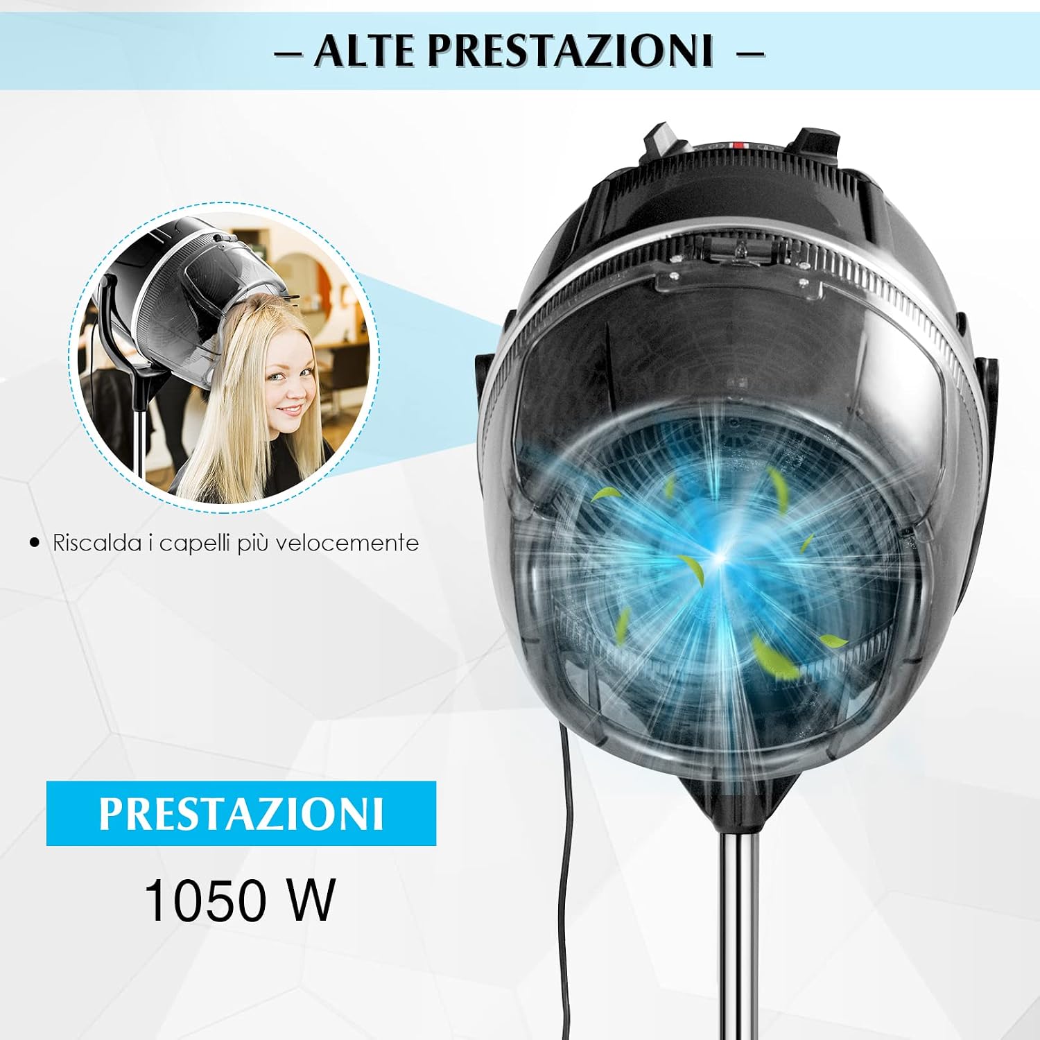 RELAX4LIFE Casco Asciugacapelli Professionale 1050 W, Temperatura 40/75 ºC per Asciugatura e Styling, Timer fino a 60 min, Altezza Regolabile 125/160 cm, per Casa e dal Parrucchiere, Nero