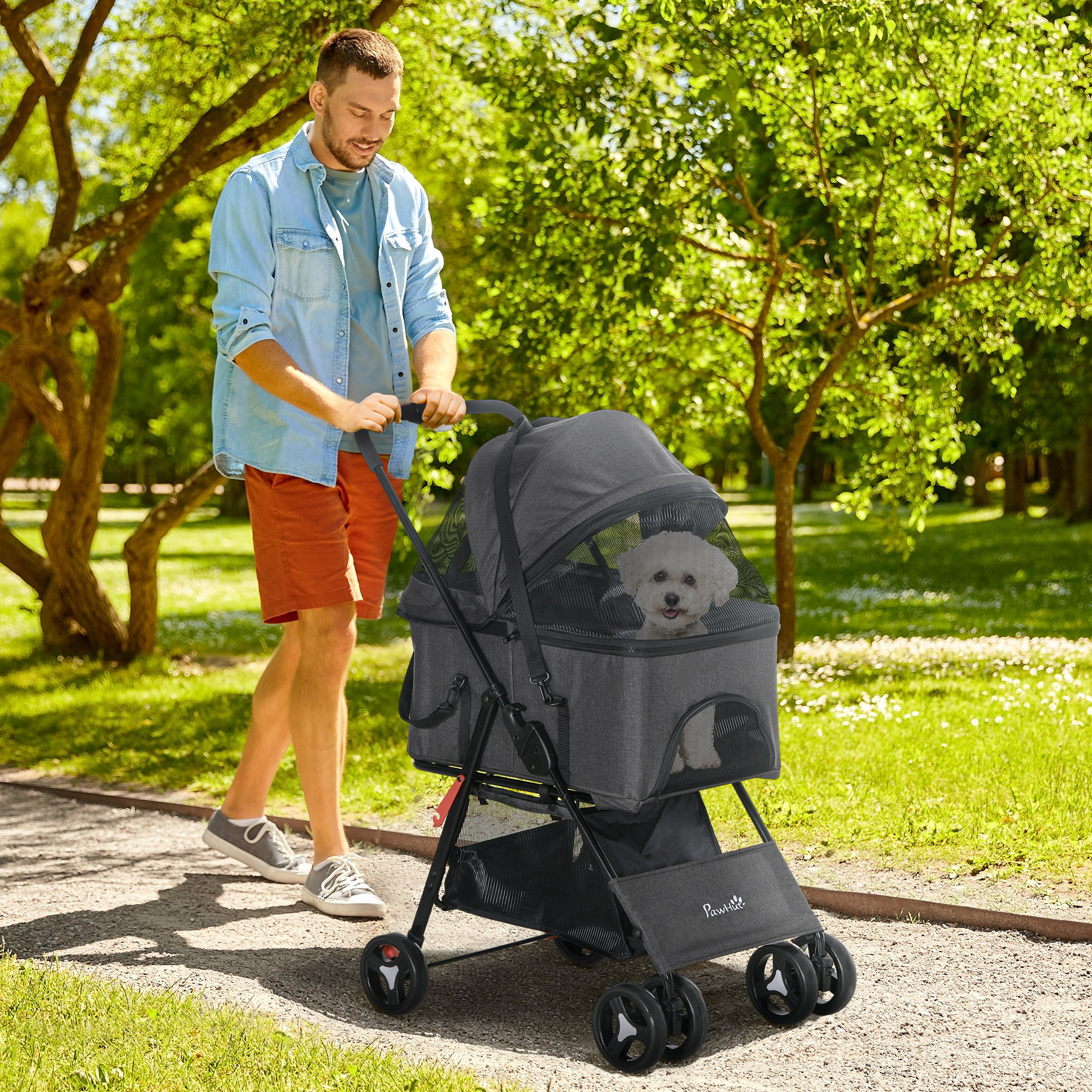 PawHut Hundekinderwagen 3-in-1 klappbarer Transportkorb mit abnehmbarem Griff Kissen 76 x 51 x 100 cm Grau