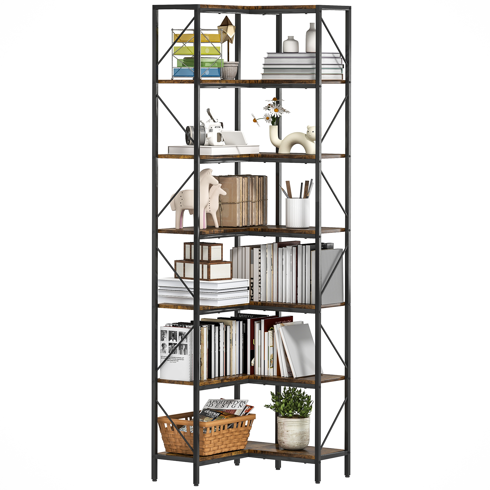 HOMCOM Industrielles Eckschrank mit 7 Ebenen und Regalen, 60 x 60 x 198 cm, rustikales Braun