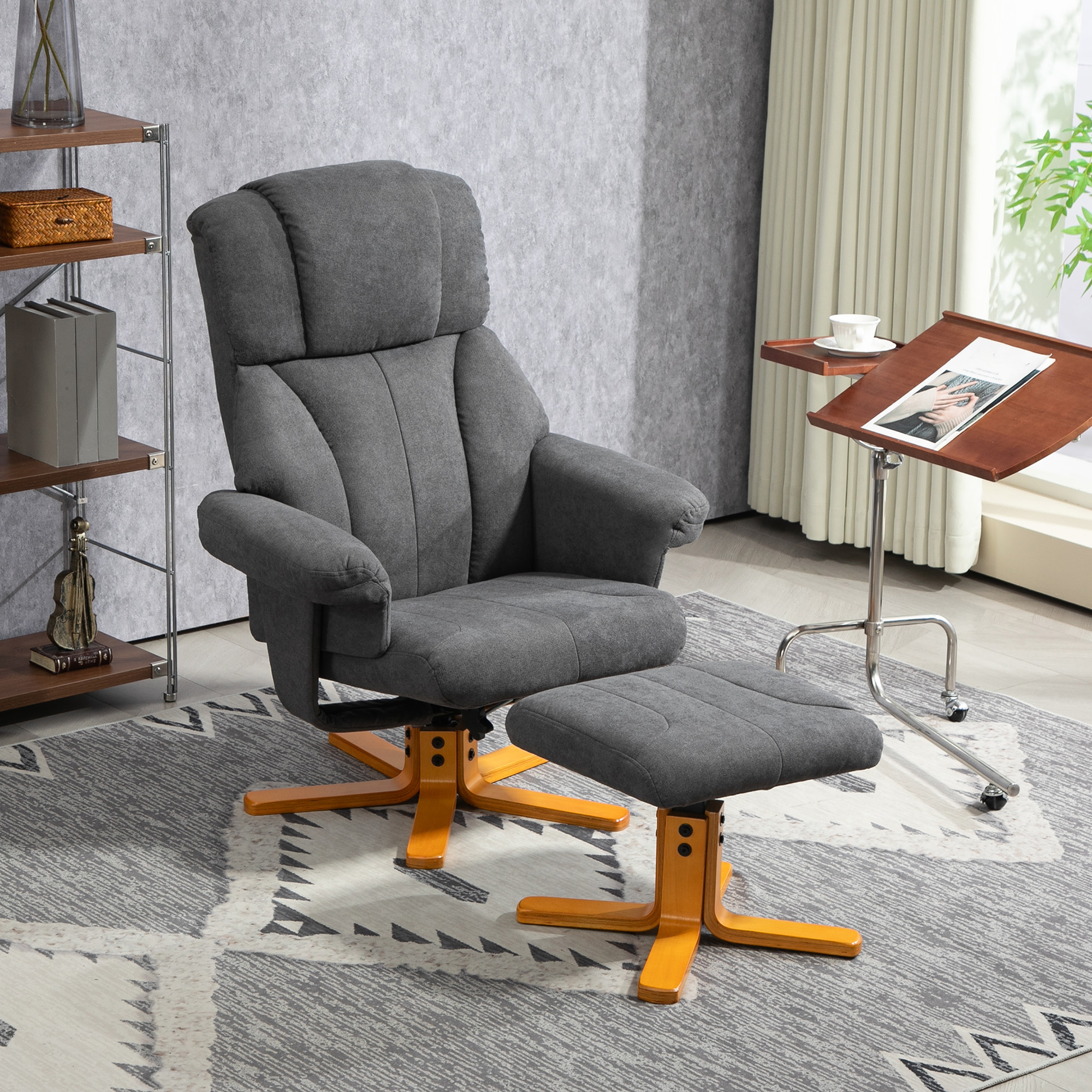 HOMCOM Verstellbarer Sessel mit Fußhocker mit hoher Lehne und Holzrahmen für Wohnzimmer, Schlafzimmer, Dunkelgrau