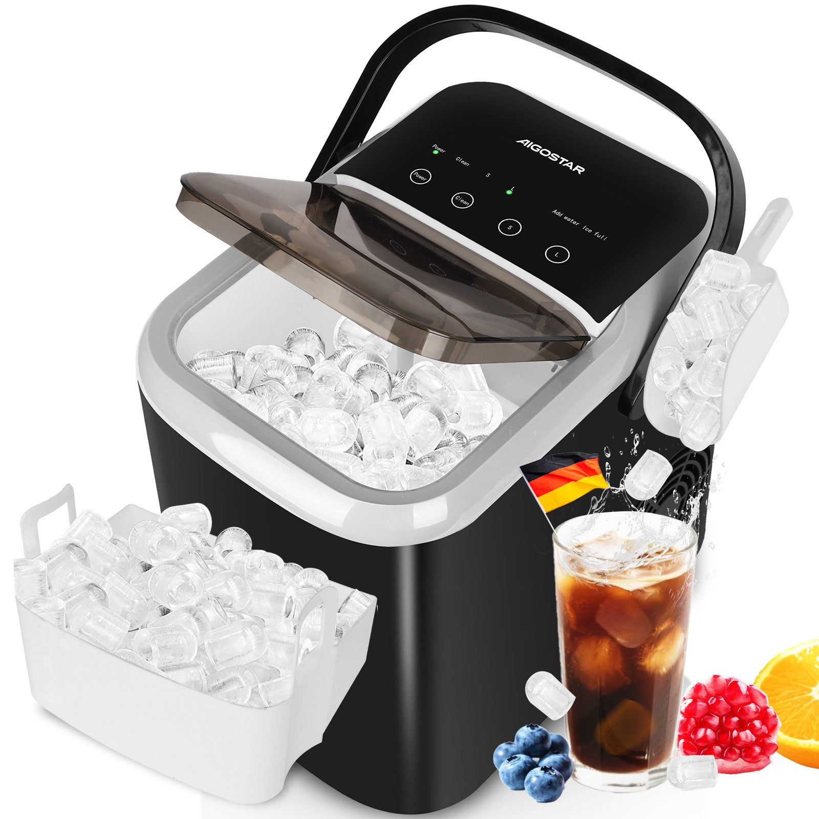 Eiswürfelmaschine 1,5L, 130W Doppeldeckel-Design Eiswürfel Maschine, Selbstreinigend