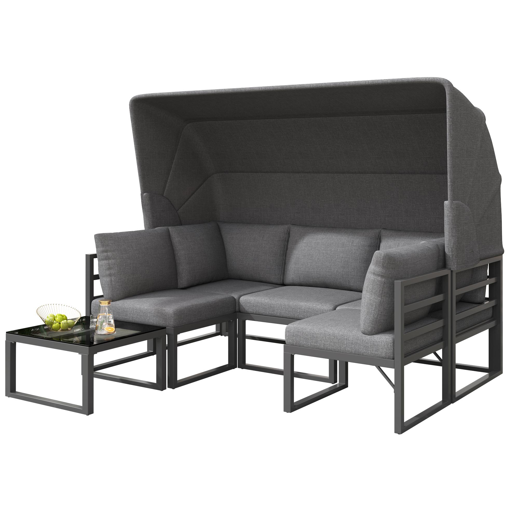 4-teiliges Gartenmöbel-Set, Dreisitzer-Sofa mit Markise, 2 Einzelsesseln und Couchtisch, Grau