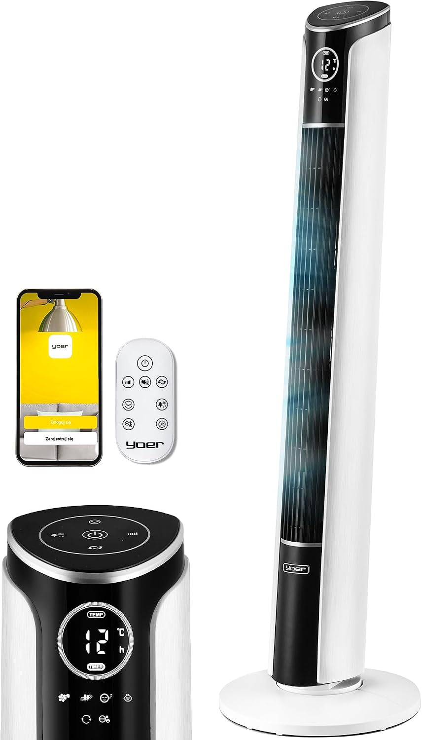Yoer 29dB Leiser Turmventilator, Ionisator, 10 m Reichweite, Neigungswinkeleinstellung, 12 Geschwindigstufen, 4 Modi, 12 Std. Timer, 90° Oszillation, Fernbedienung, Verto TF01W, weiß