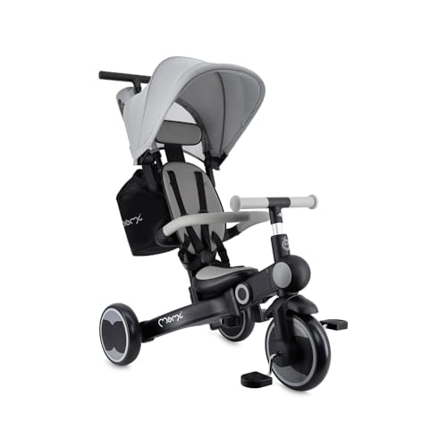 Triciclo per bambini MoMi 4in1 SOLIVIA con manubrio telescopico, cinture di sicurezza a 5 punti, per bambini a partire da 12 mesi, con capottina parasole, ruote in PU, borsa e portabicchiere : Giochi e giocattoli