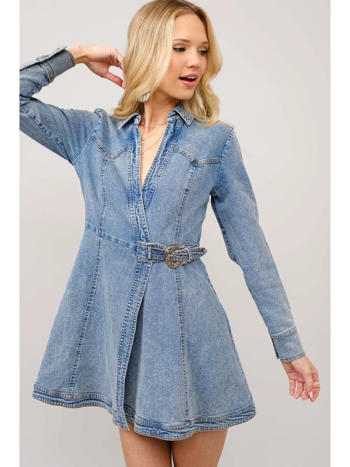 Western Buckle Wrap Denim Mini Dress