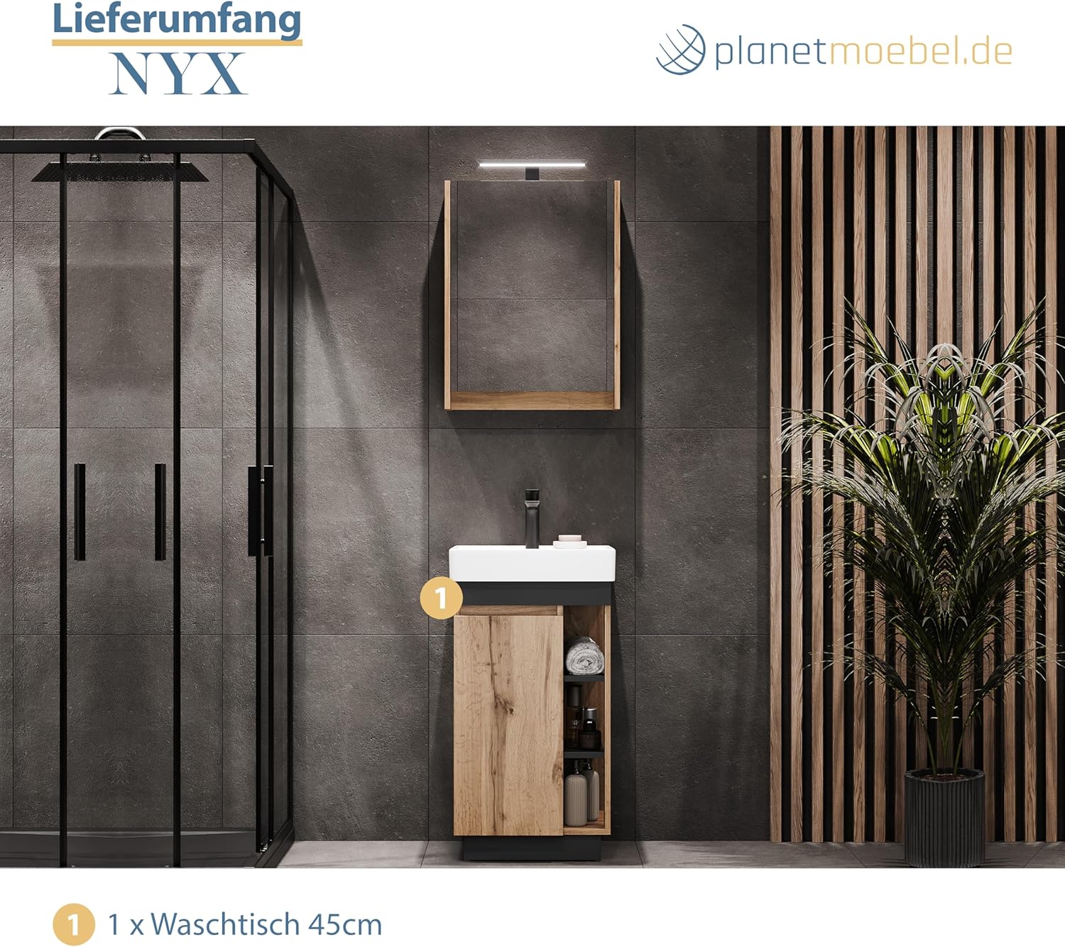 Planetmöbel Nyx Badmöbel Waschtisch mit Unterschrank 45 x 85,9 x 42 cm Wotan Eiche/Anthrazit, Badezimmermöbel für Gäste-Bad, WC
